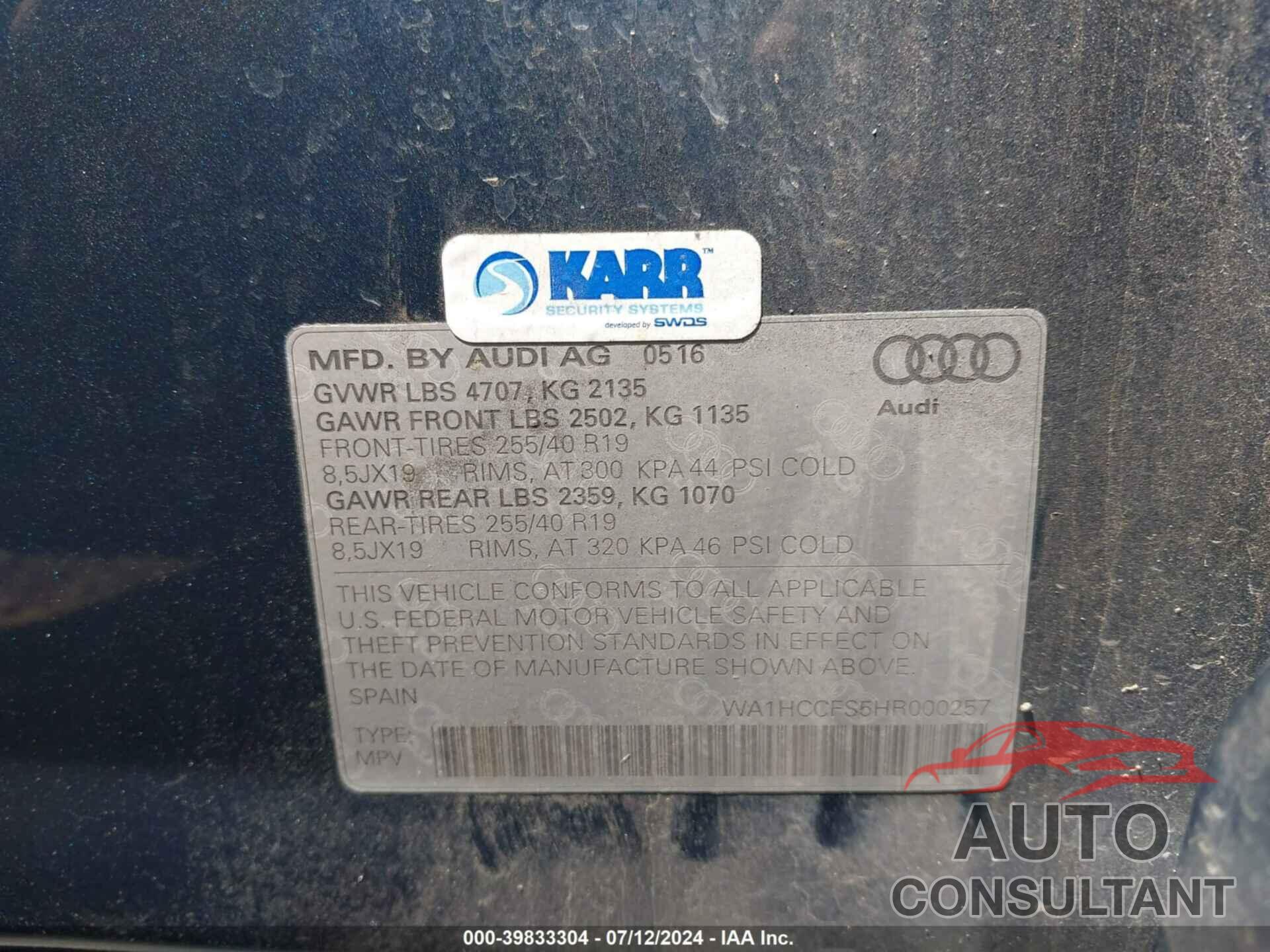 AUDI Q3 2017 - WA1HCCFS5HR000257