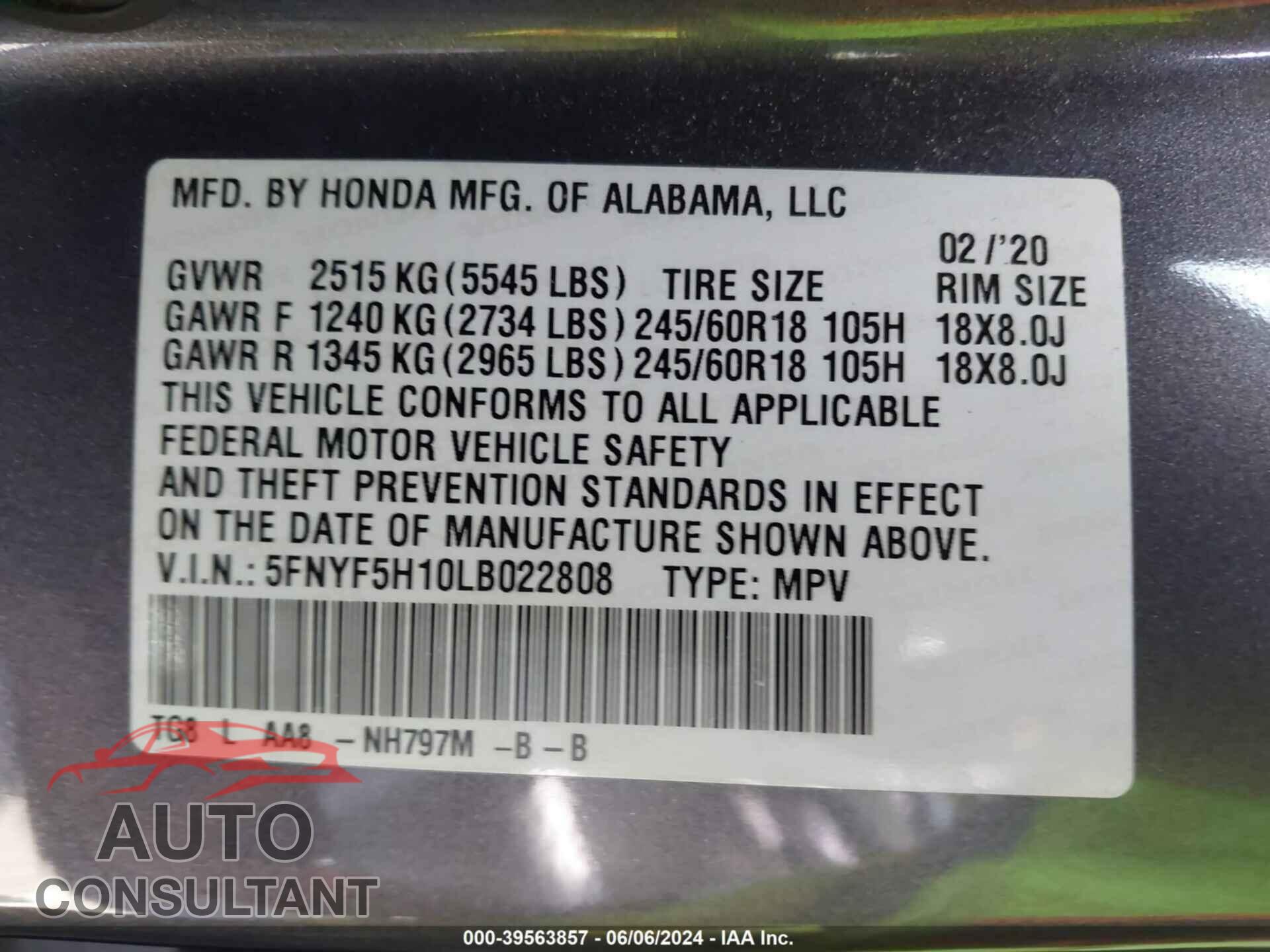 HONDA PILOT 2020 - 5FNYF5H10LB022808