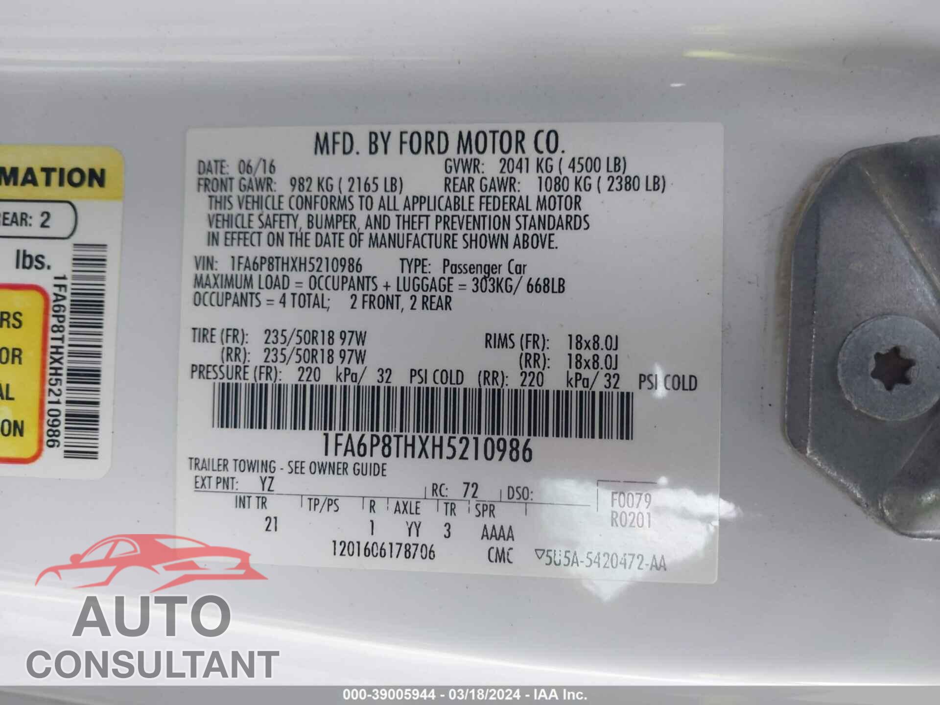 FORD MUSTANG 2017 - 1FA6P8THXH5210986