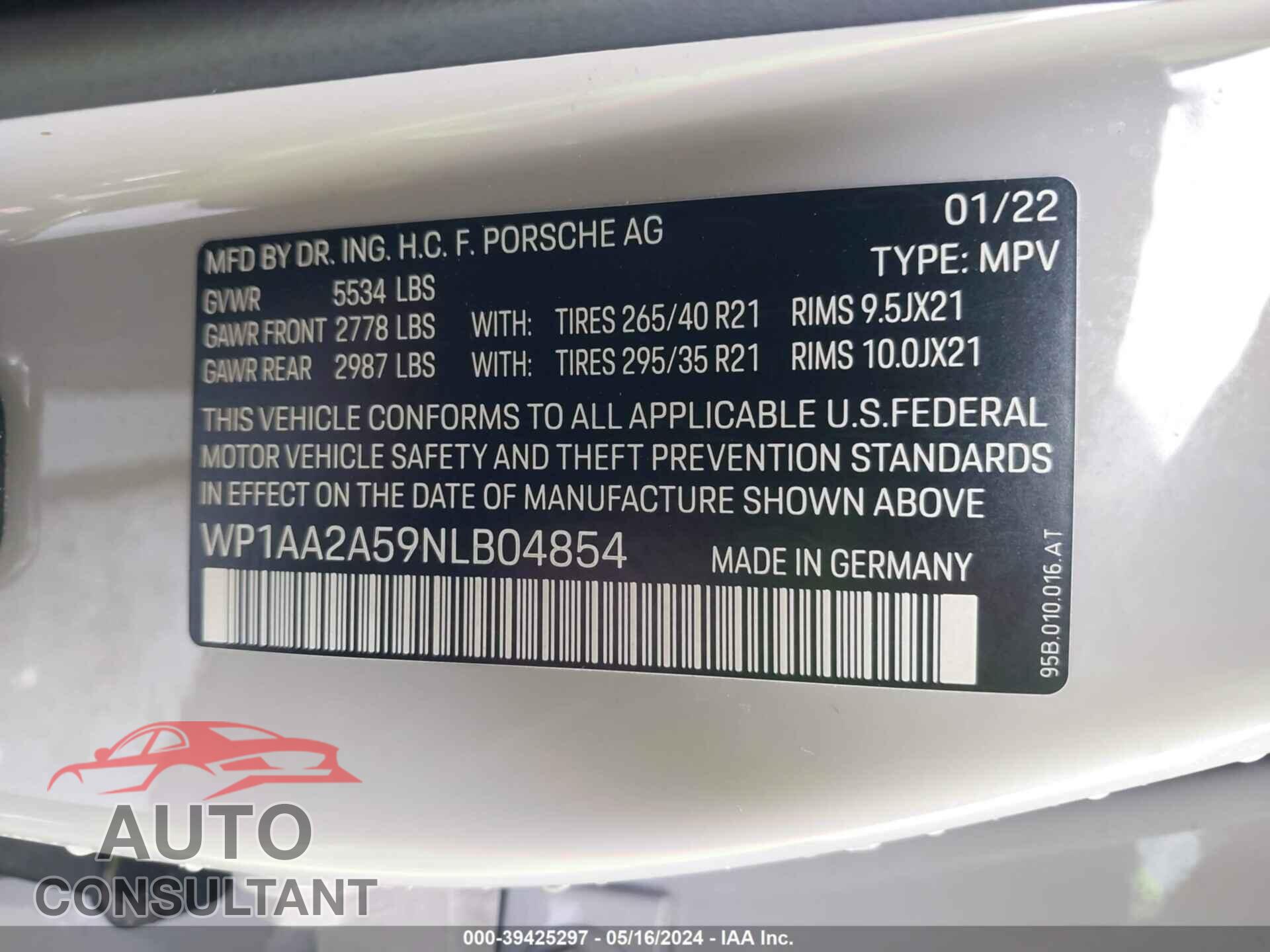 PORSCHE MACAN 2022 - WP1AA2A59NLB04854