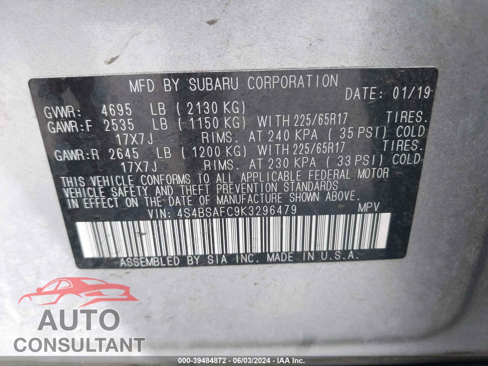 SUBARU OUTBACK 2019 - 4S4BSAFC9K3296479