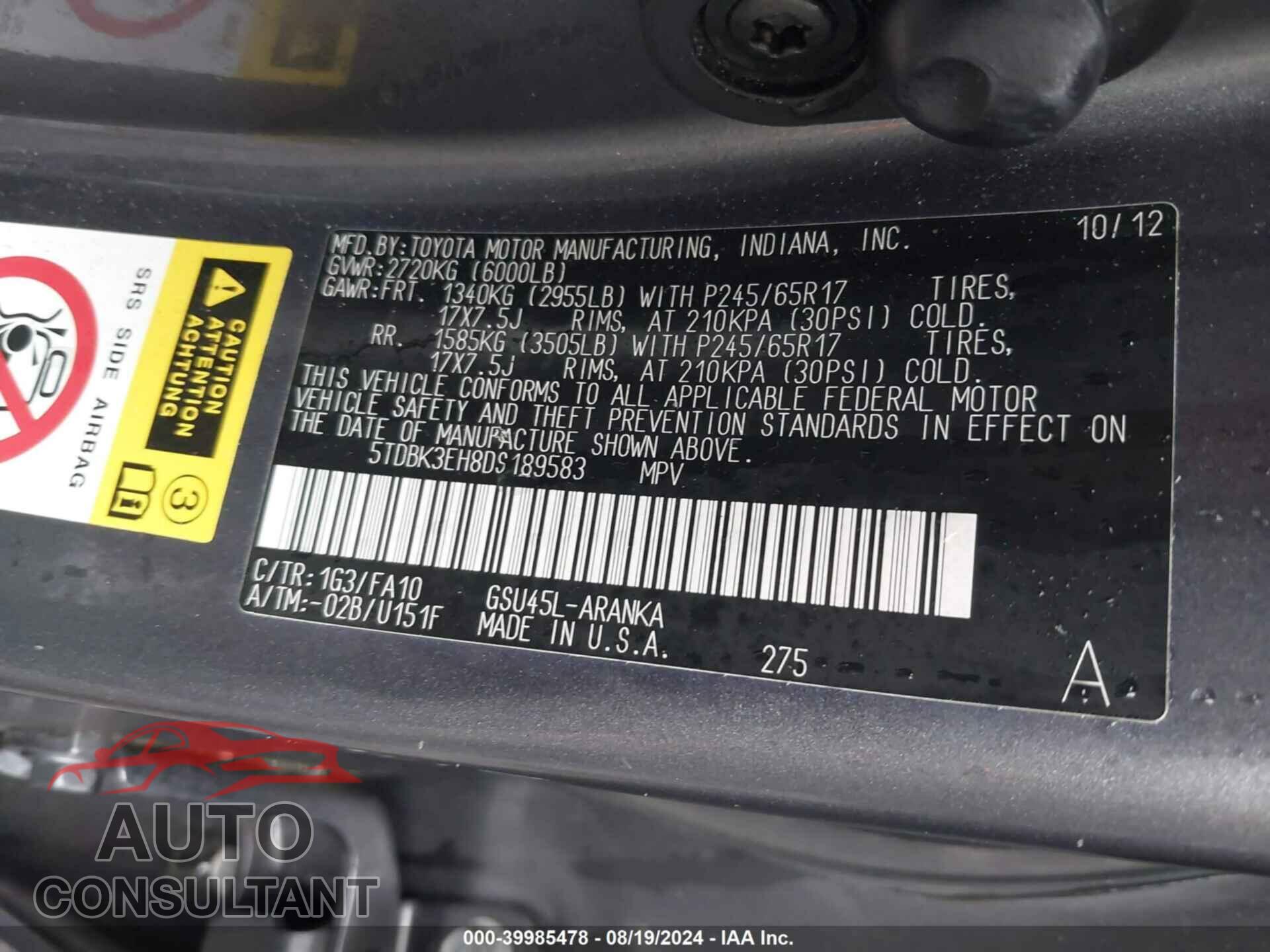 TOYOTA HIGHLANDER 2013 - 5TDBK3EH8DS189583