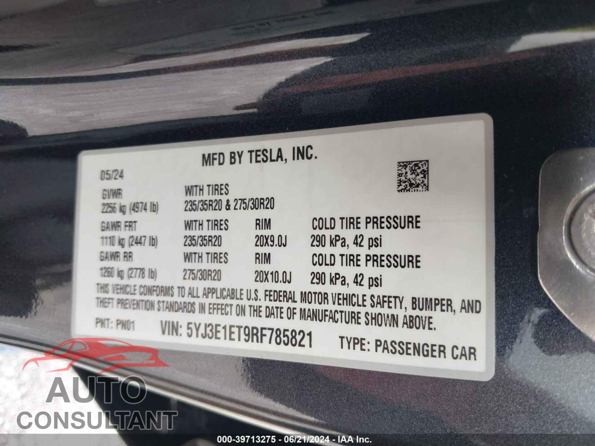 TESLA MODEL 3 2024 - 5YJ3E1ET9RF785821