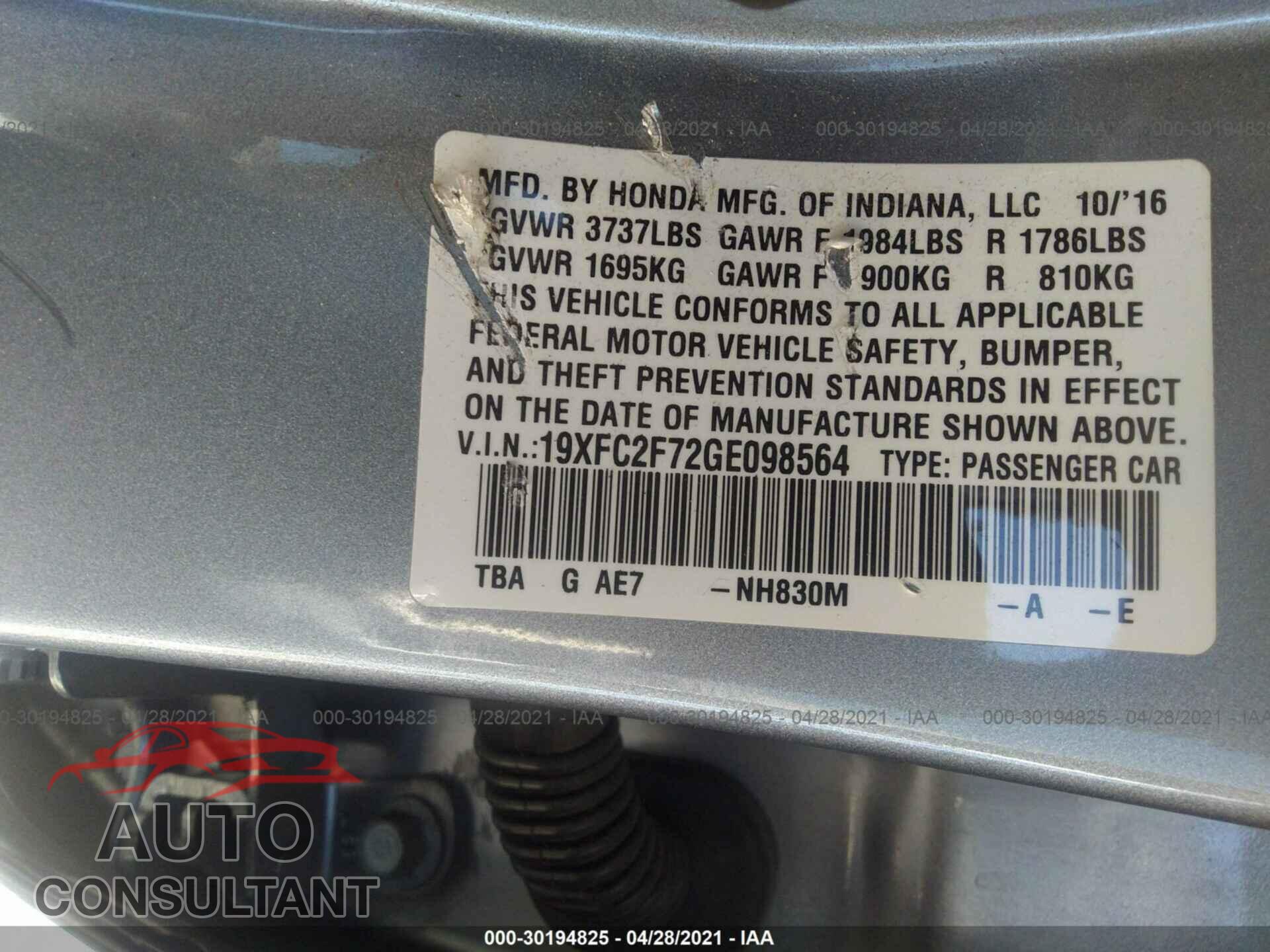 HONDA CIVIC SEDAN 2016 - 19XFC2F72GE098564