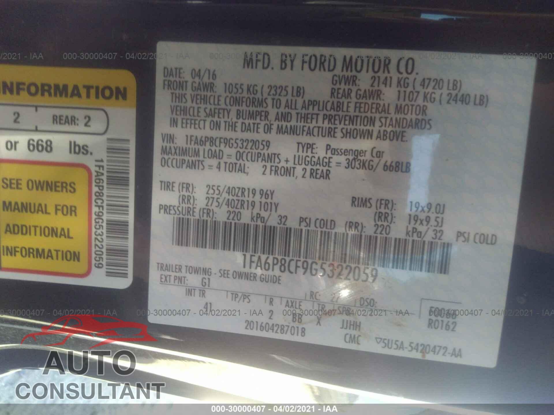 FORD MUSTANG 2016 - 1FA6P8CF9G5322059