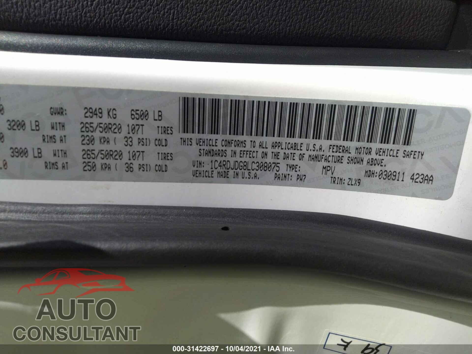 DODGE DURANGO 2020 - 1C4RDJDG8LC308075