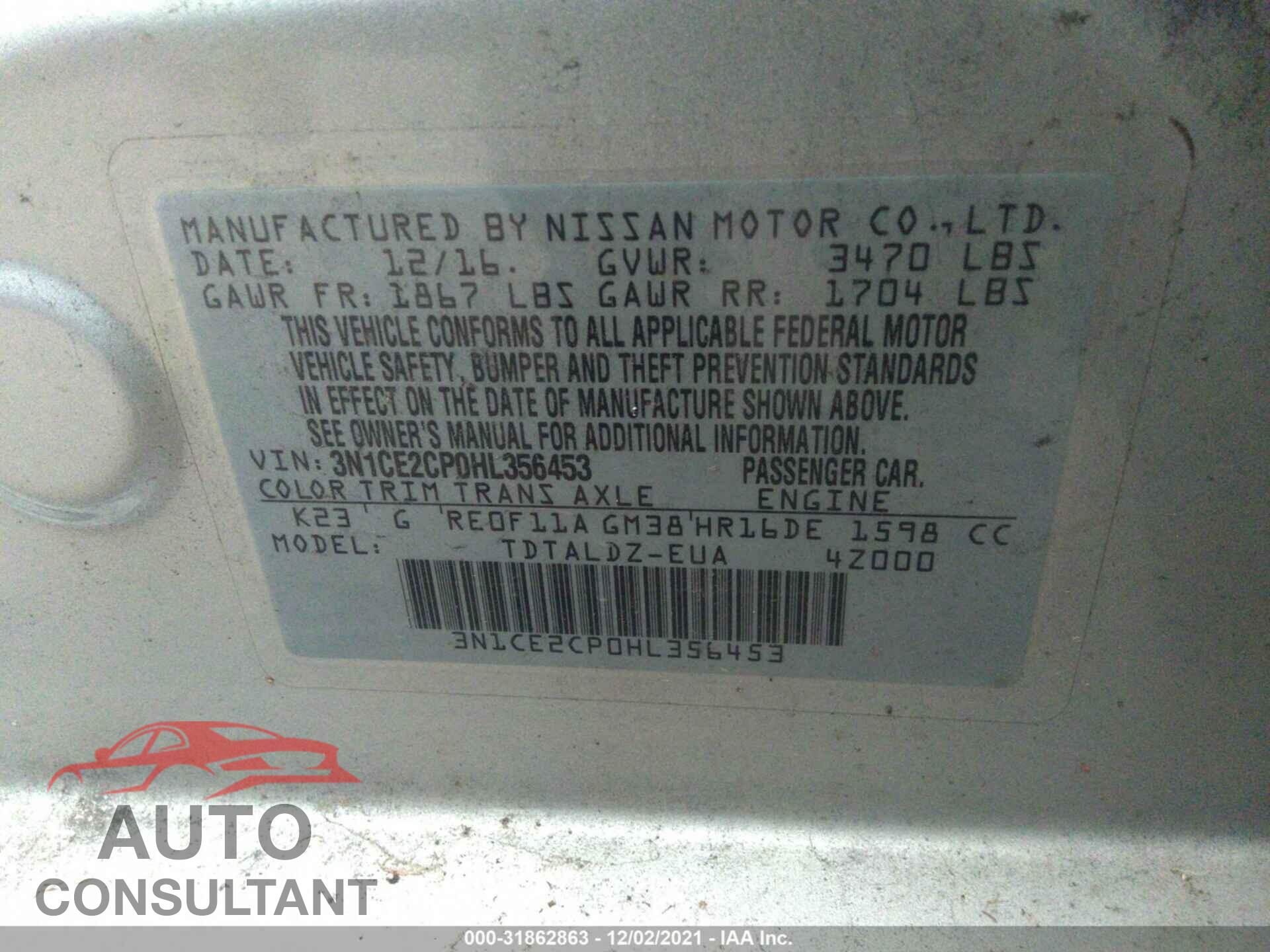 NISSAN VERSA NOTE 2017 - 3N1CE2CP0HL356453