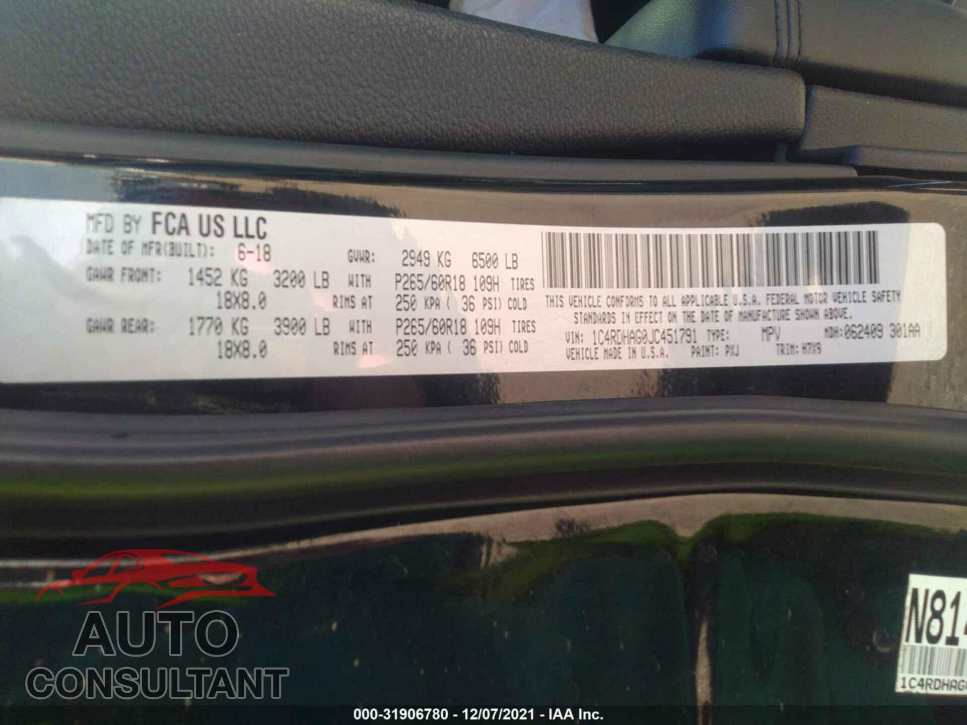 DODGE DURANGO 2018 - 1C4RDHAG0JC451791