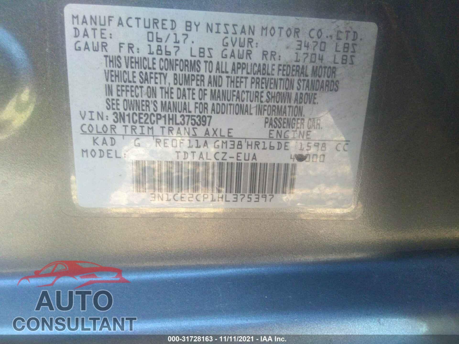 NISSAN VERSA NOTE 2017 - 3N1CE2CP1HL375397