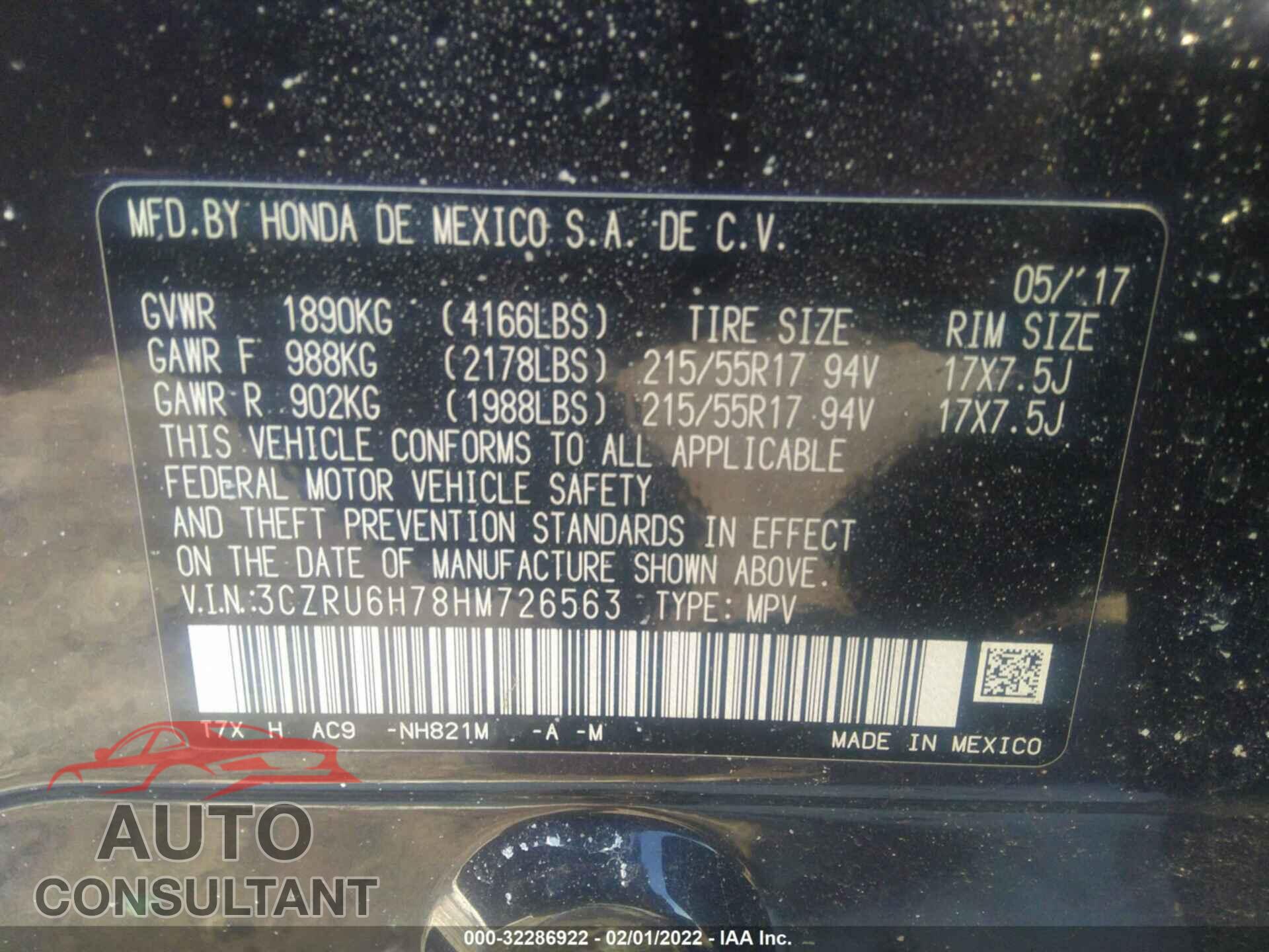 HONDA HR-V 2017 - 3CZRU6H78HM726563