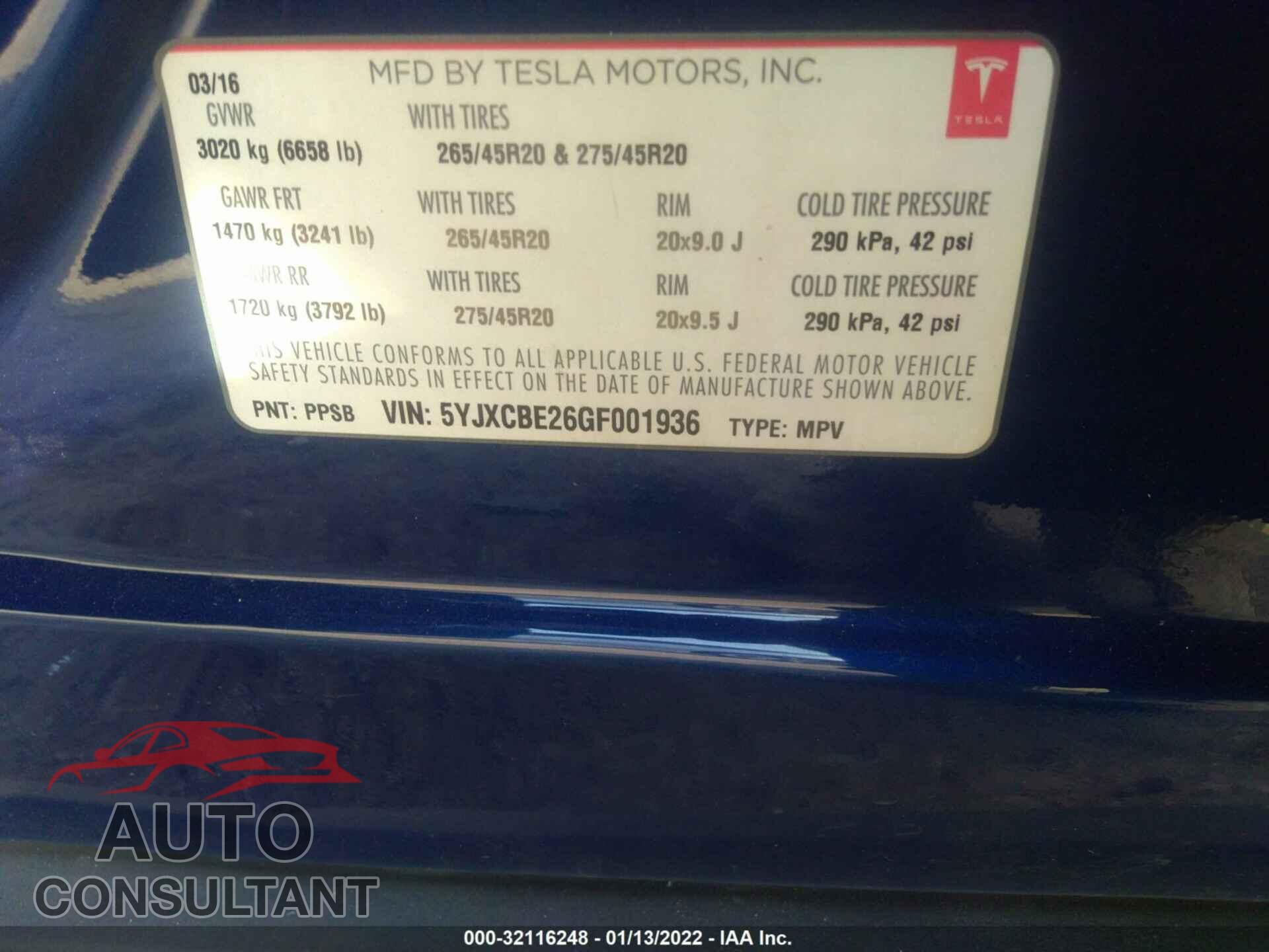 TESLA MODEL X 2016 - 5YJXCBE26GF001936