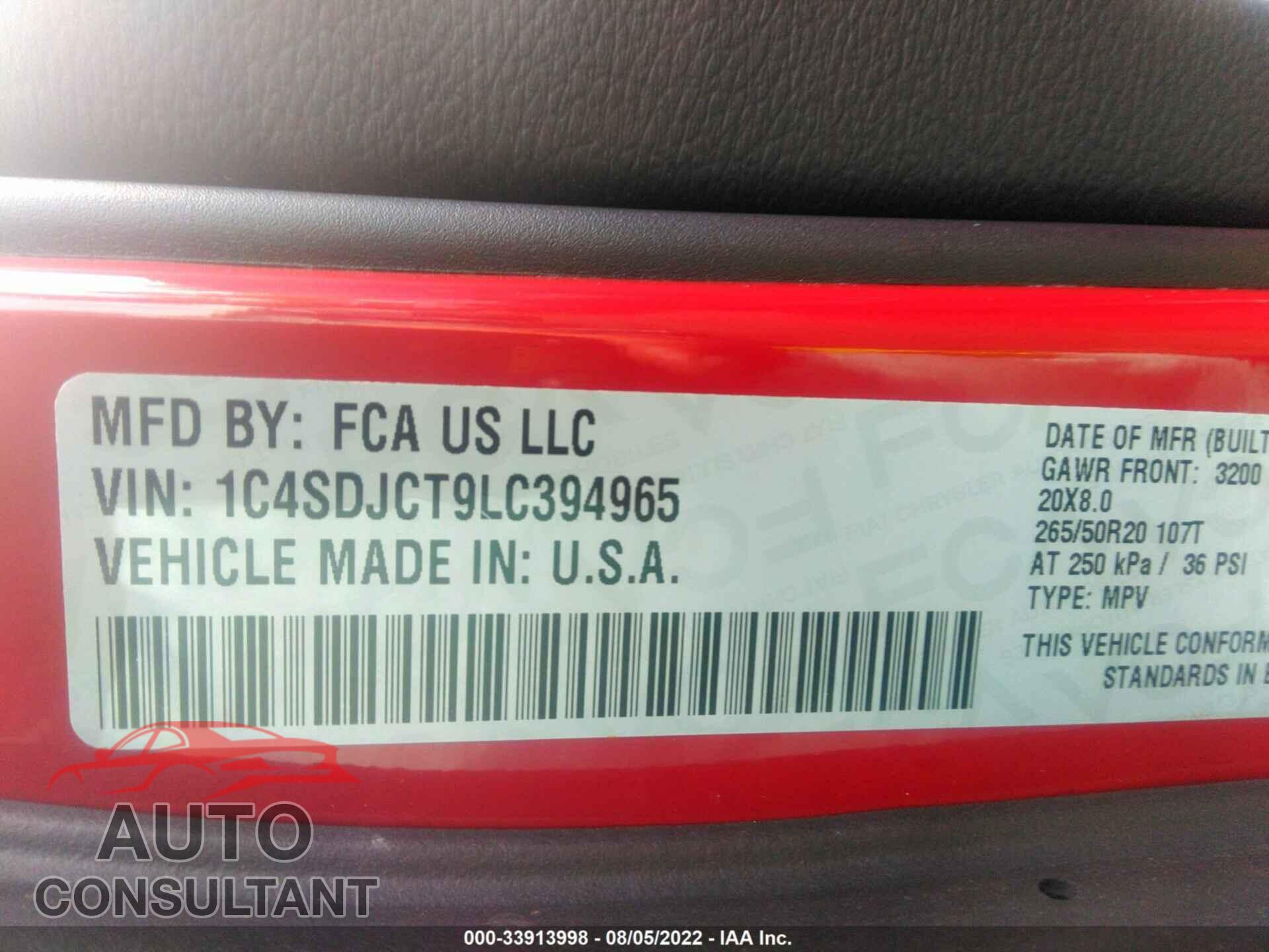 DODGE DURANGO 2020 - 1C4SDJCT9LC394965