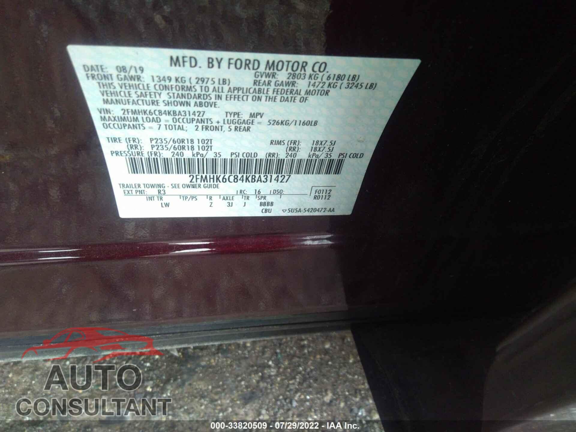 FORD FLEX 2019 - 2FMHK6C84KBA31427