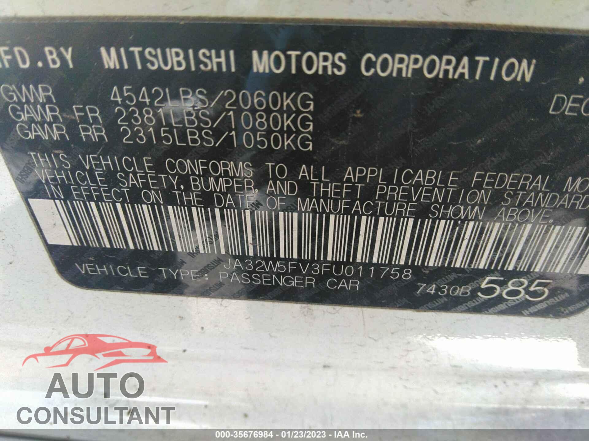 MITSUBISHI LANCER EVOLUTION 2015 - JA32W5FV3FU011758