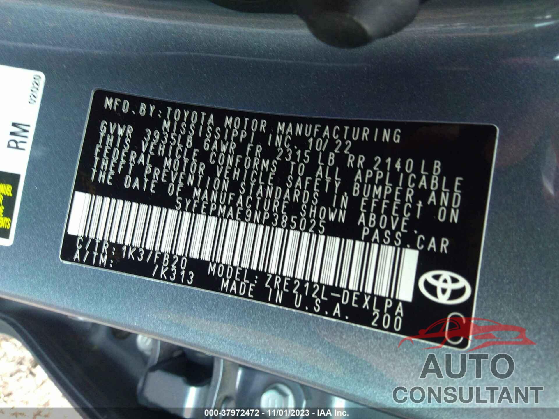 TOYOTA COROLLA 2022 - 5YFEPMAE9NP385025