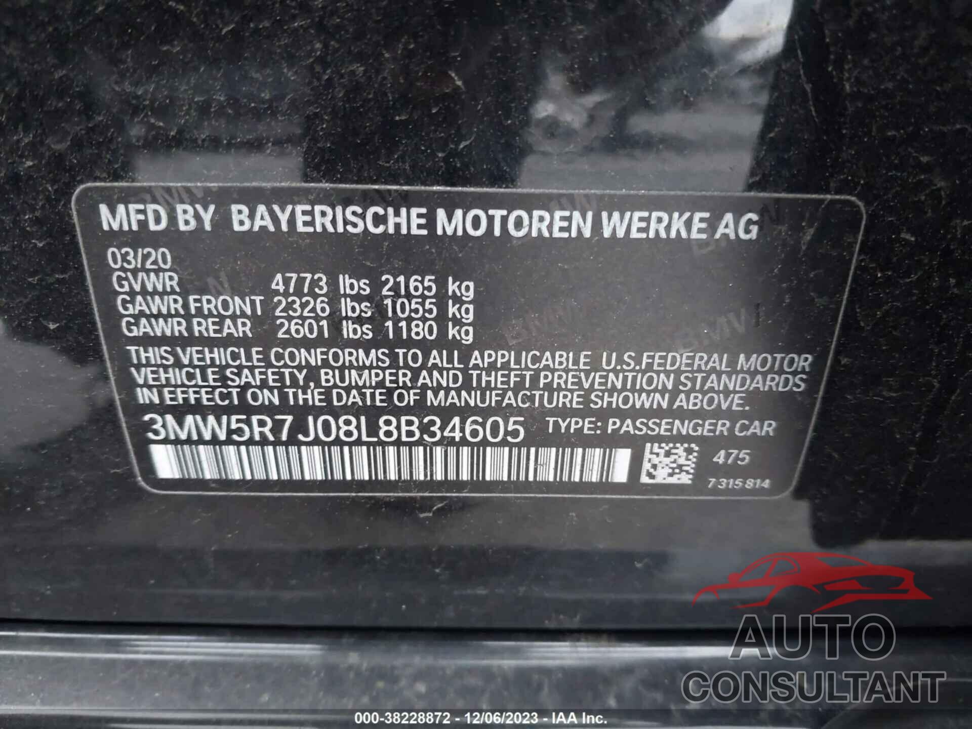 BMW 3 SERIES 2020 - 3MW5R7J08L8B34605