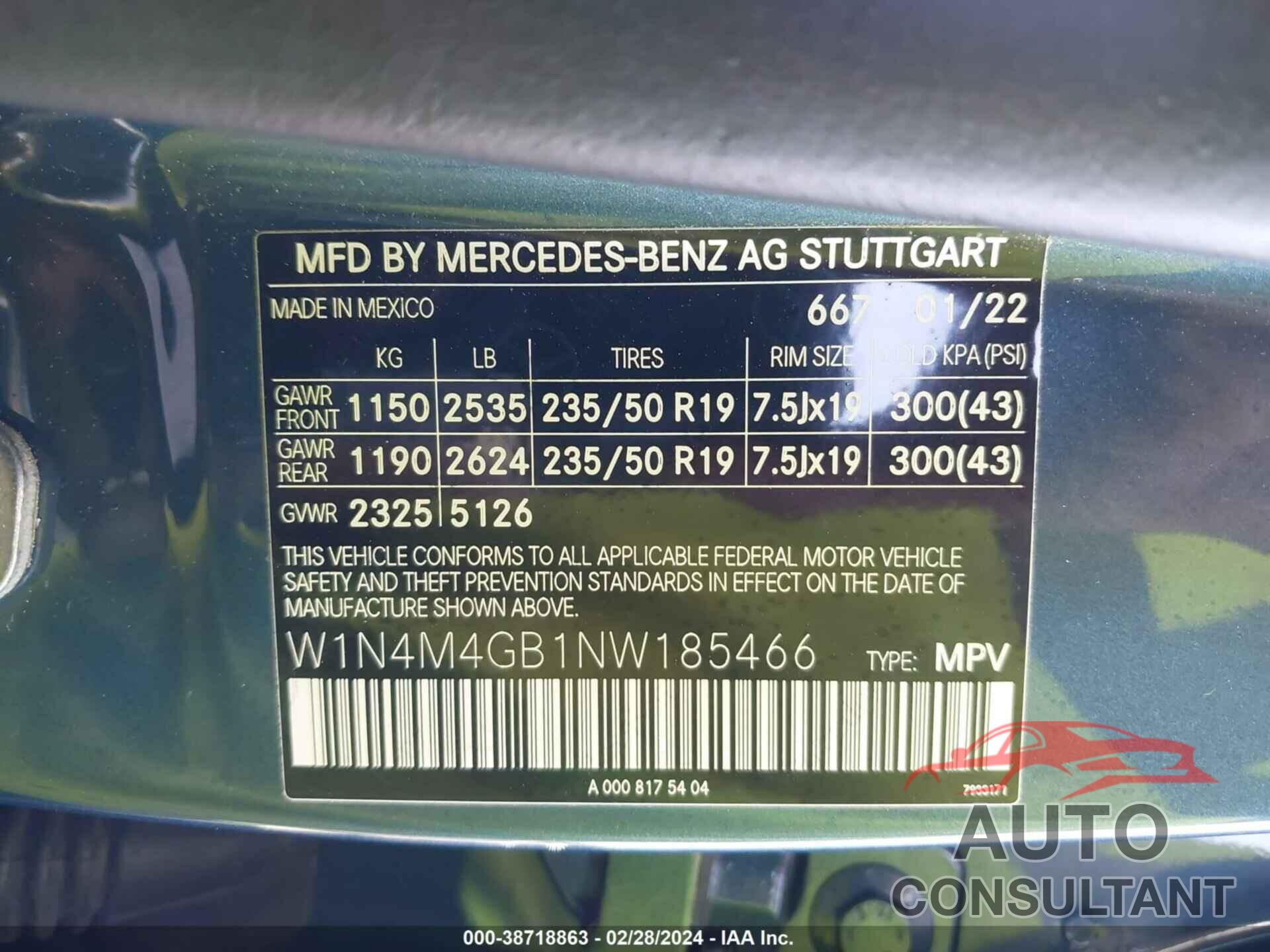 MERCEDES-BENZ GLB 250 2022 - W1N4M4GB1NW185466