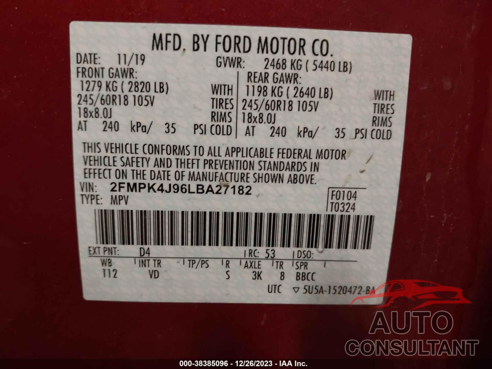 FORD EDGE 2020 - 2FMPK4J96LBA27182