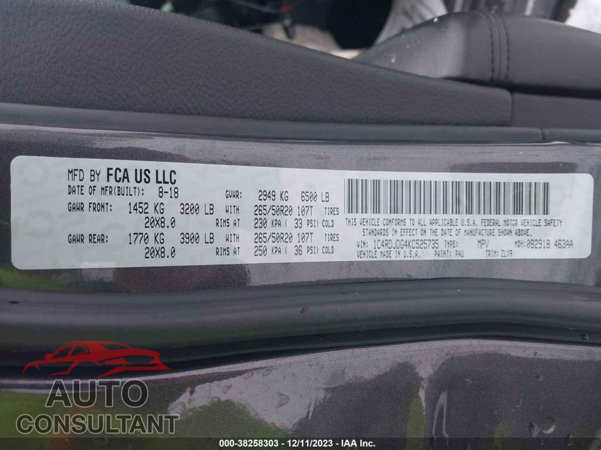 DODGE DURANGO 2019 - 1C4RDJDG4KC525735
