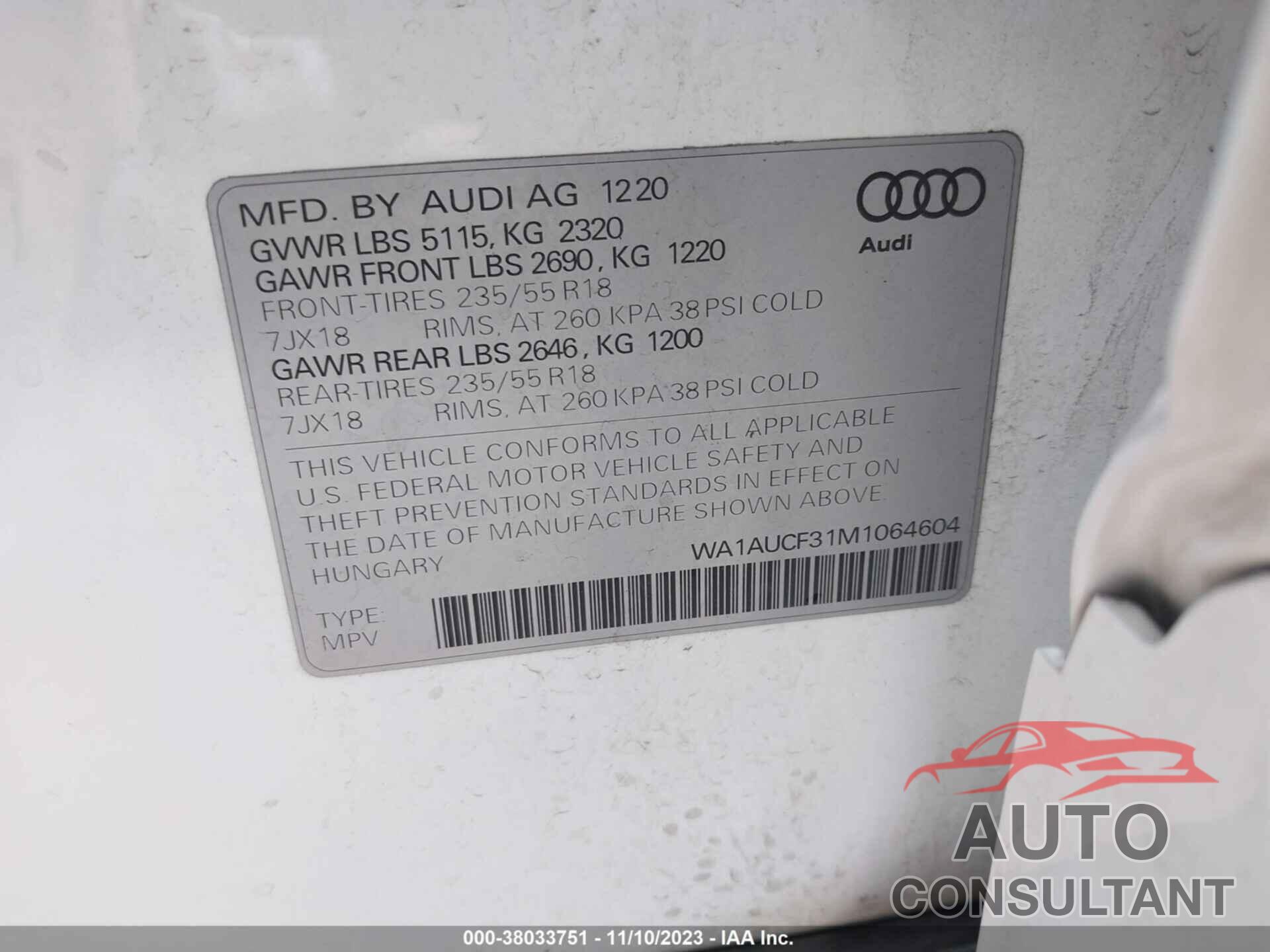 AUDI Q3 2021 - WA1AUCF31M1064604