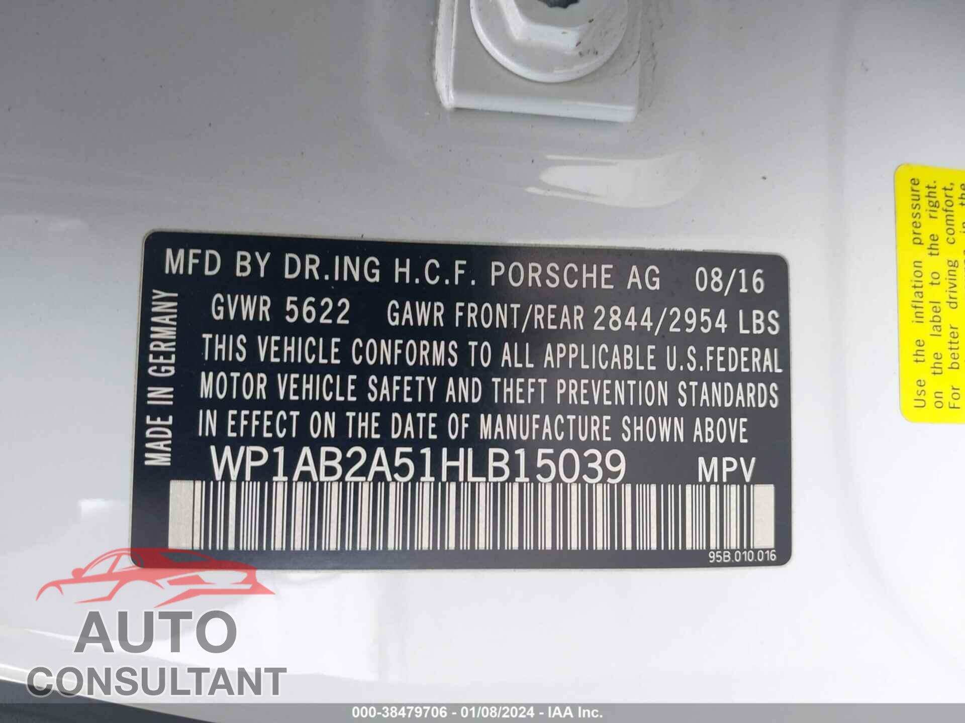 PORSCHE MACAN 2017 - WP1AB2A51HLB15039