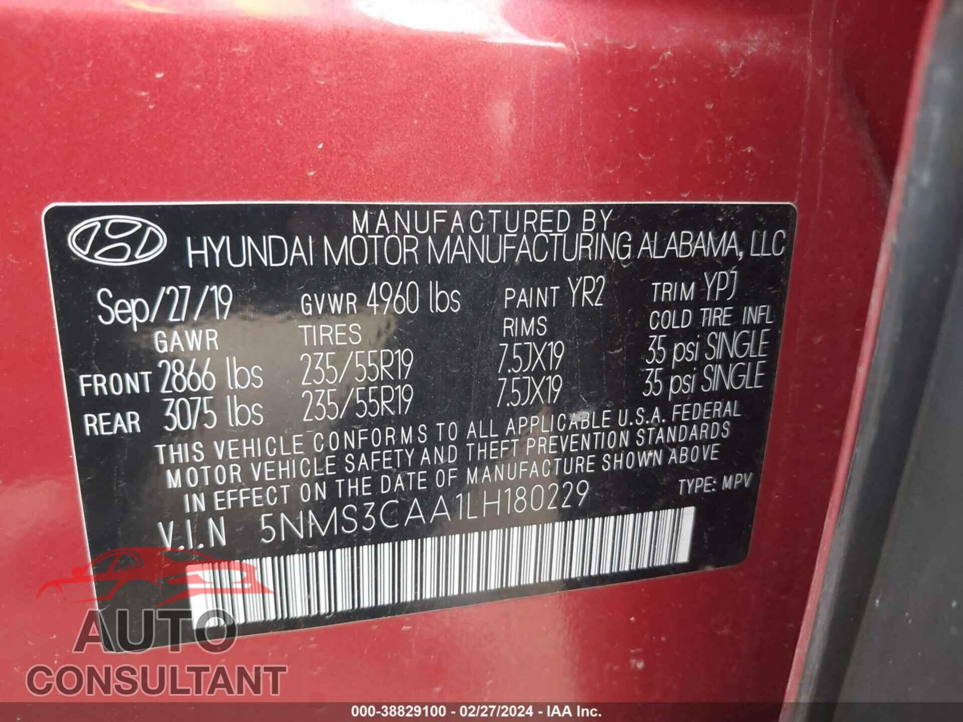 HYUNDAI SANTA FE 2020 - 5NMS3CAA1LH180229
