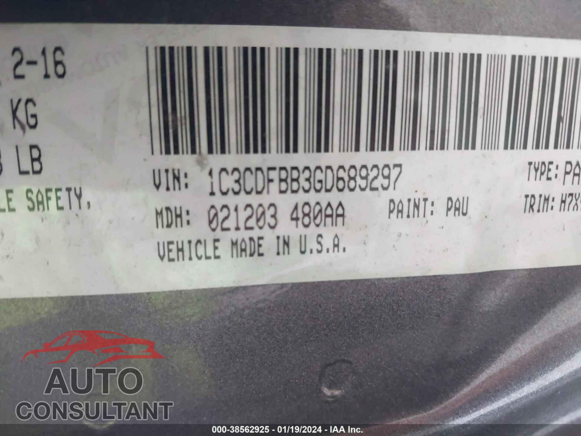 DODGE DART 2016 - 1C3CDFBB3GD689297