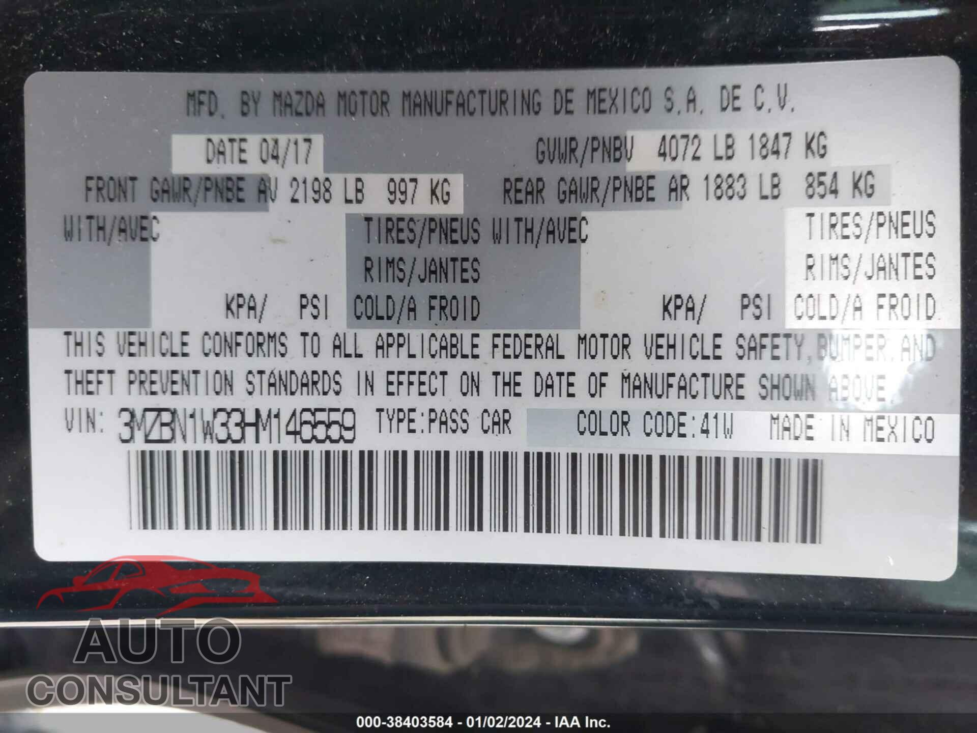 MAZDA MAZDA3 2017 - 3MZBN1W33HM146559