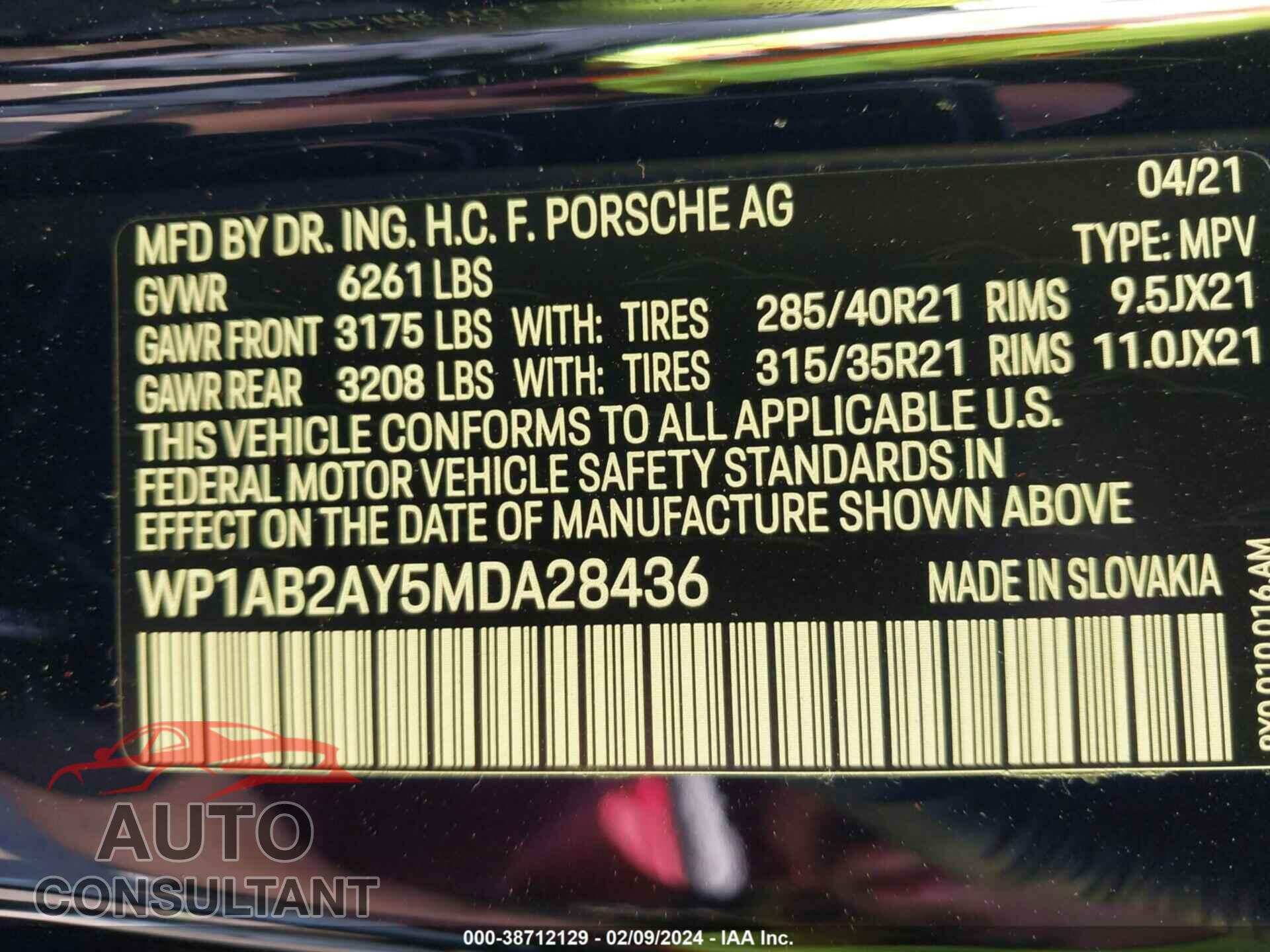 PORSCHE CAYENNE 2021 - WP1AB2AY5MDA28436
