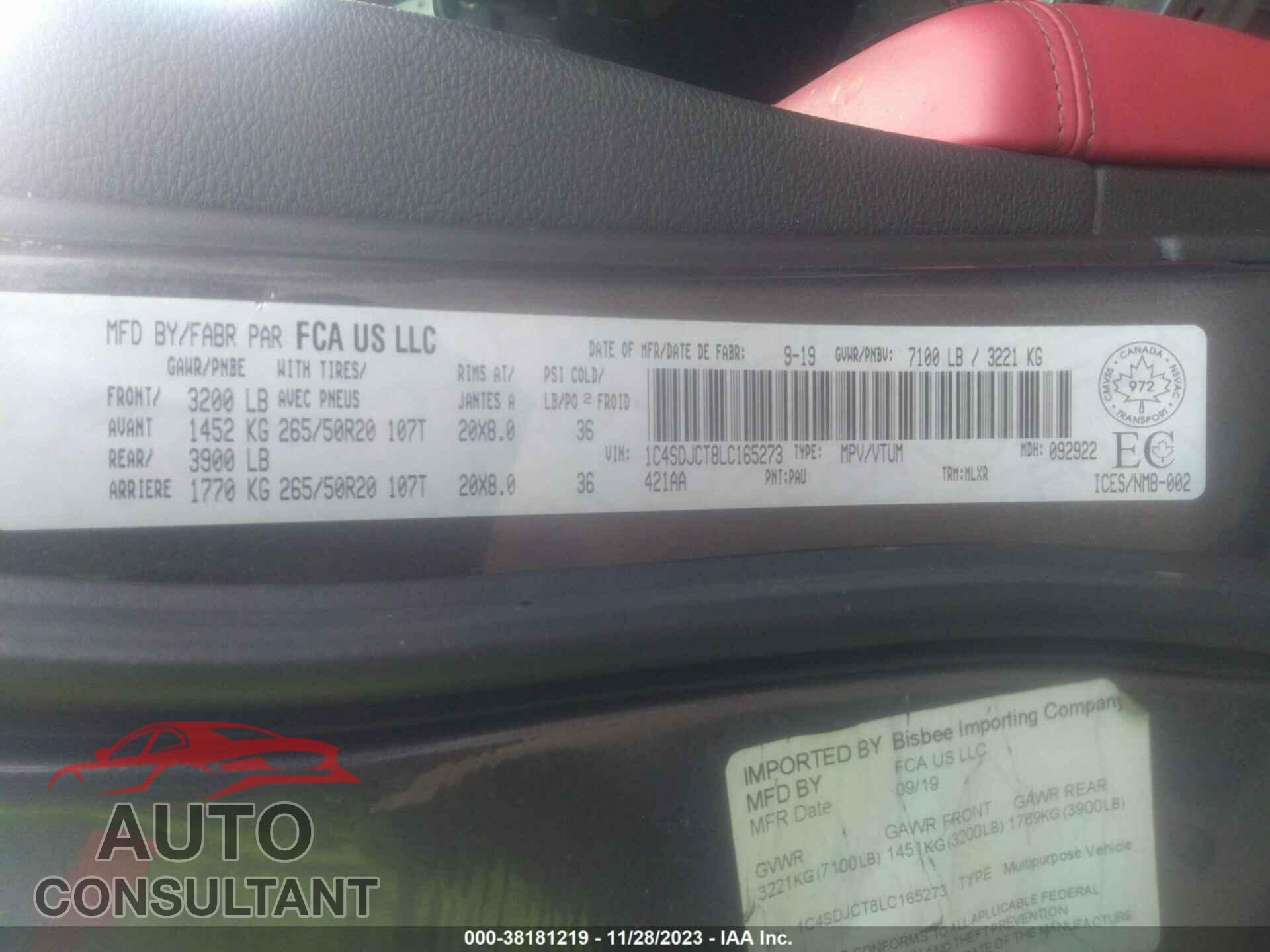 DODGE DURANGO 2020 - 1C4SDJCT8LC165273
