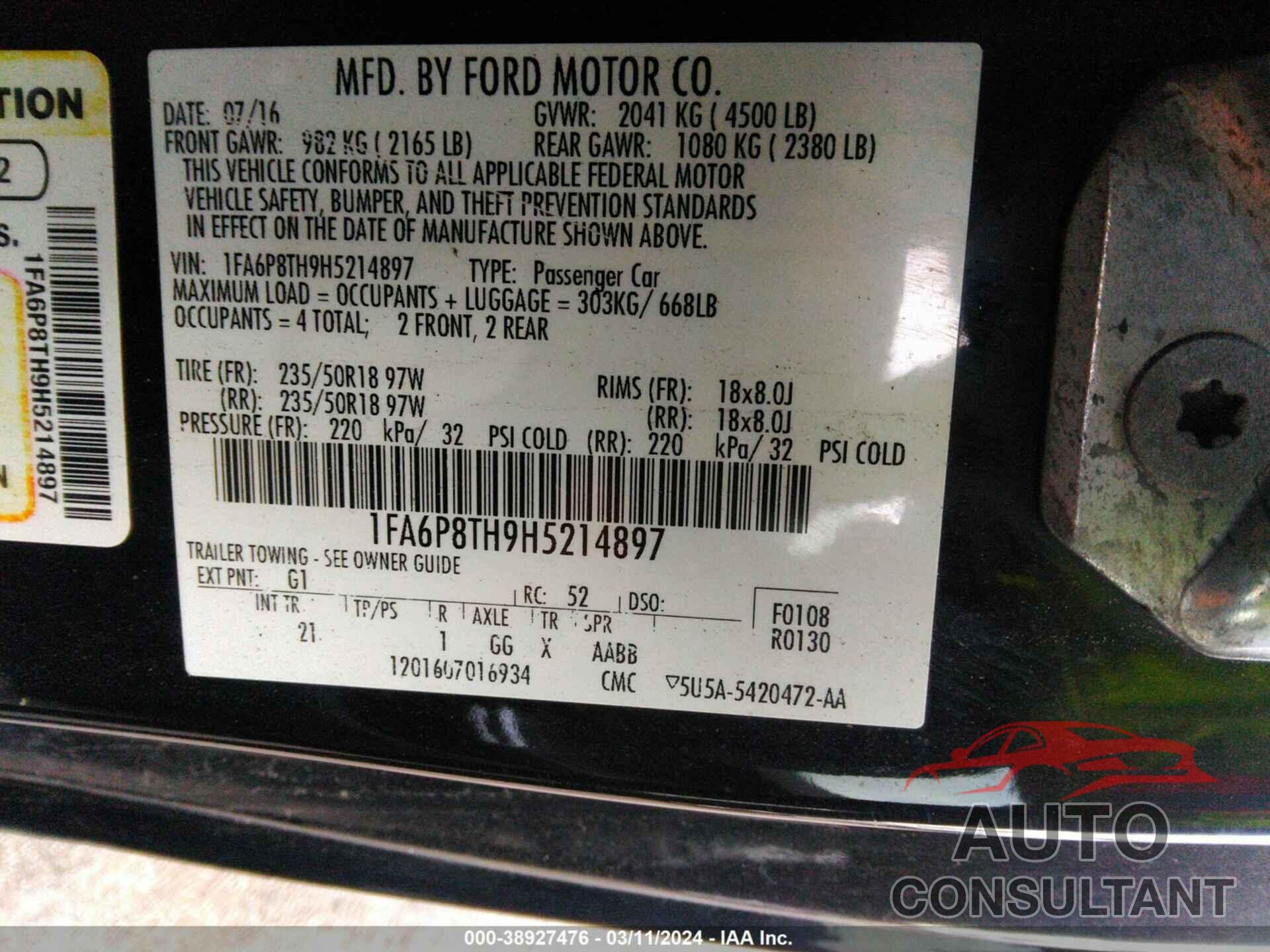 FORD MUSTANG 2017 - 1FA6P8TH9H5214897