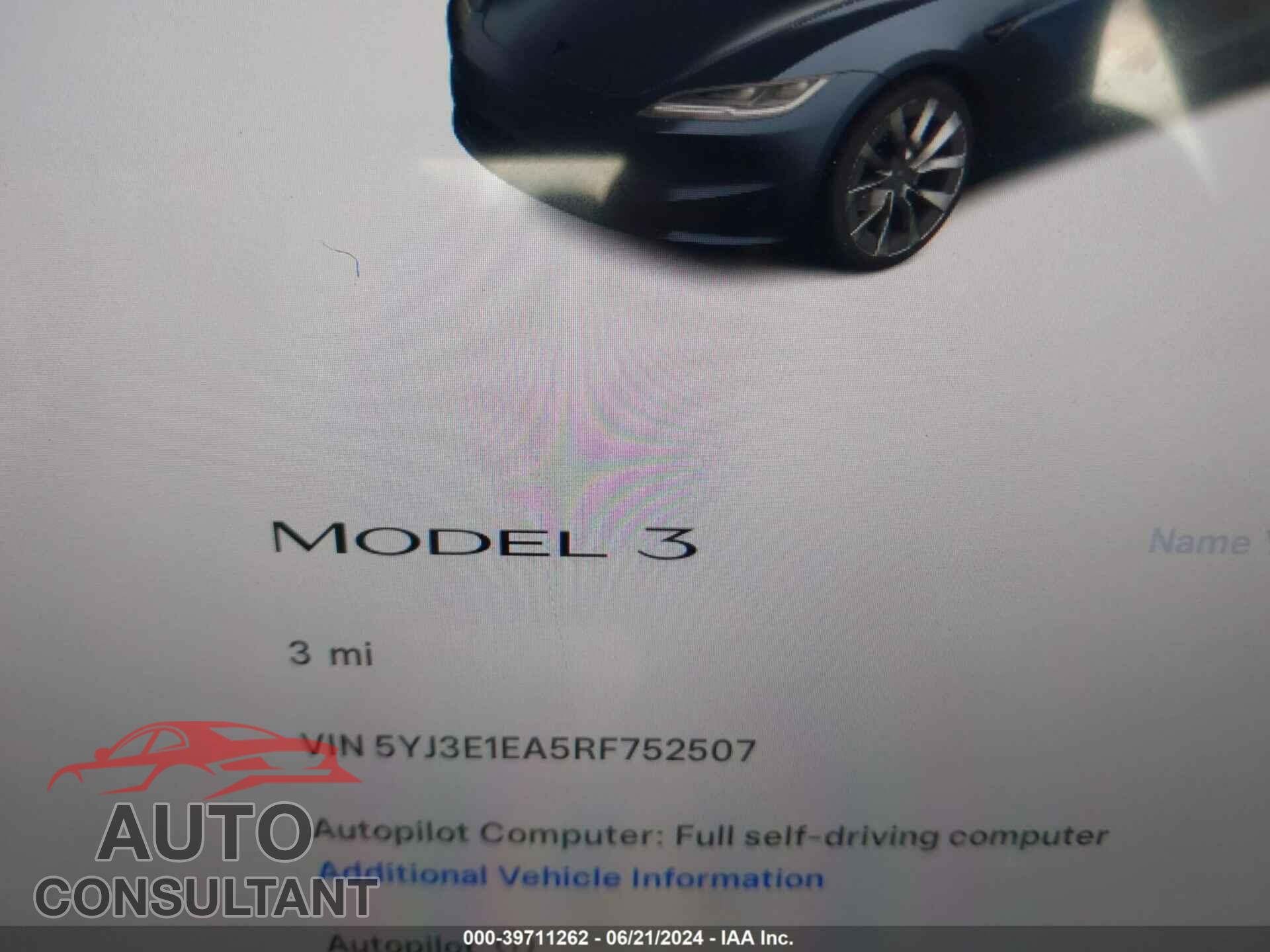 TESLA MODEL 3 2024 - 5YJ3E1EA5RF752507