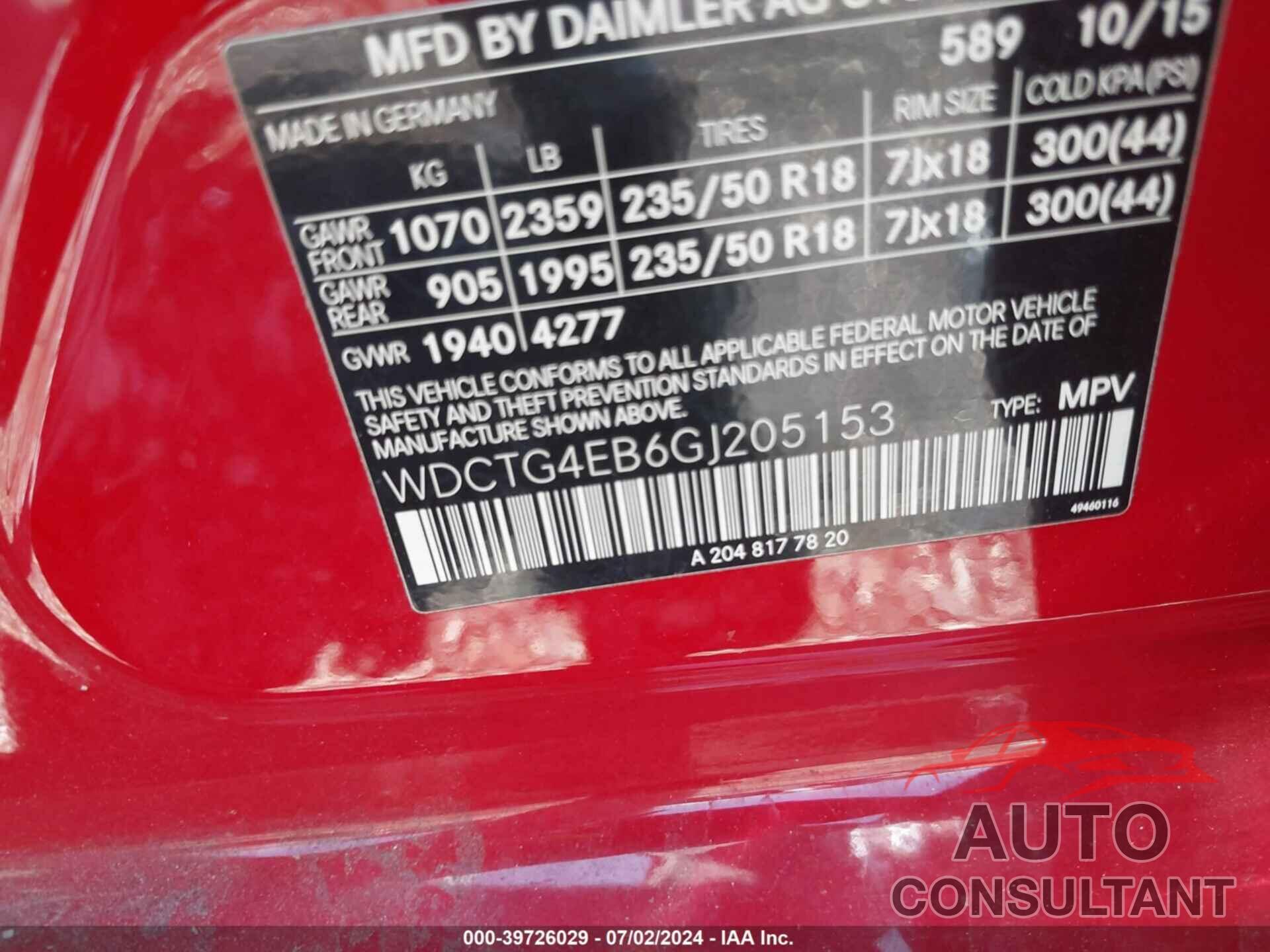MERCEDES-BENZ GLA 250 2016 - WDCTG4EB6GJ205153