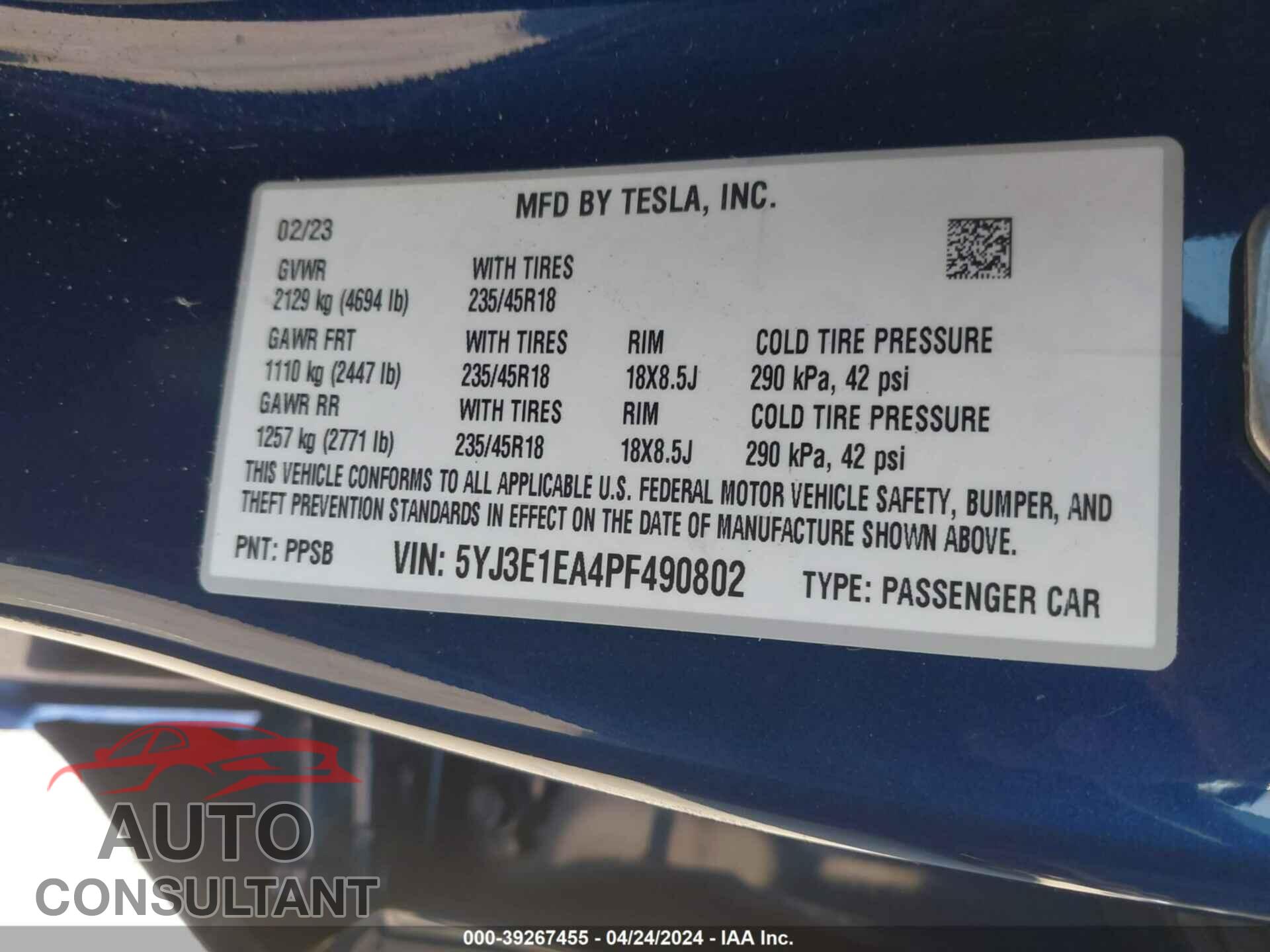 TESLA MODEL 3 2023 - 5YJ3E1EA4PF490802