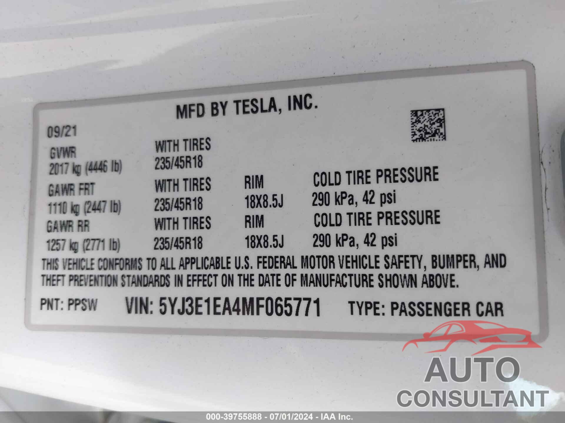 TESLA MODEL 3 2021 - 5YJ3E1EA4MF065771