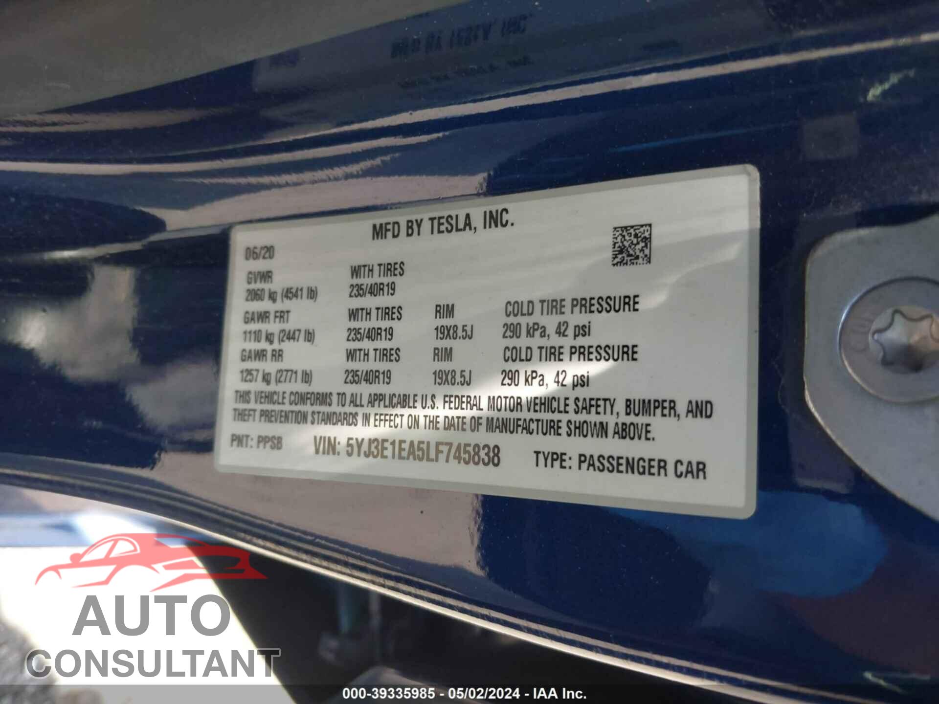 TESLA MODEL 3 2020 - 5YJ3E1EA5LF745838
