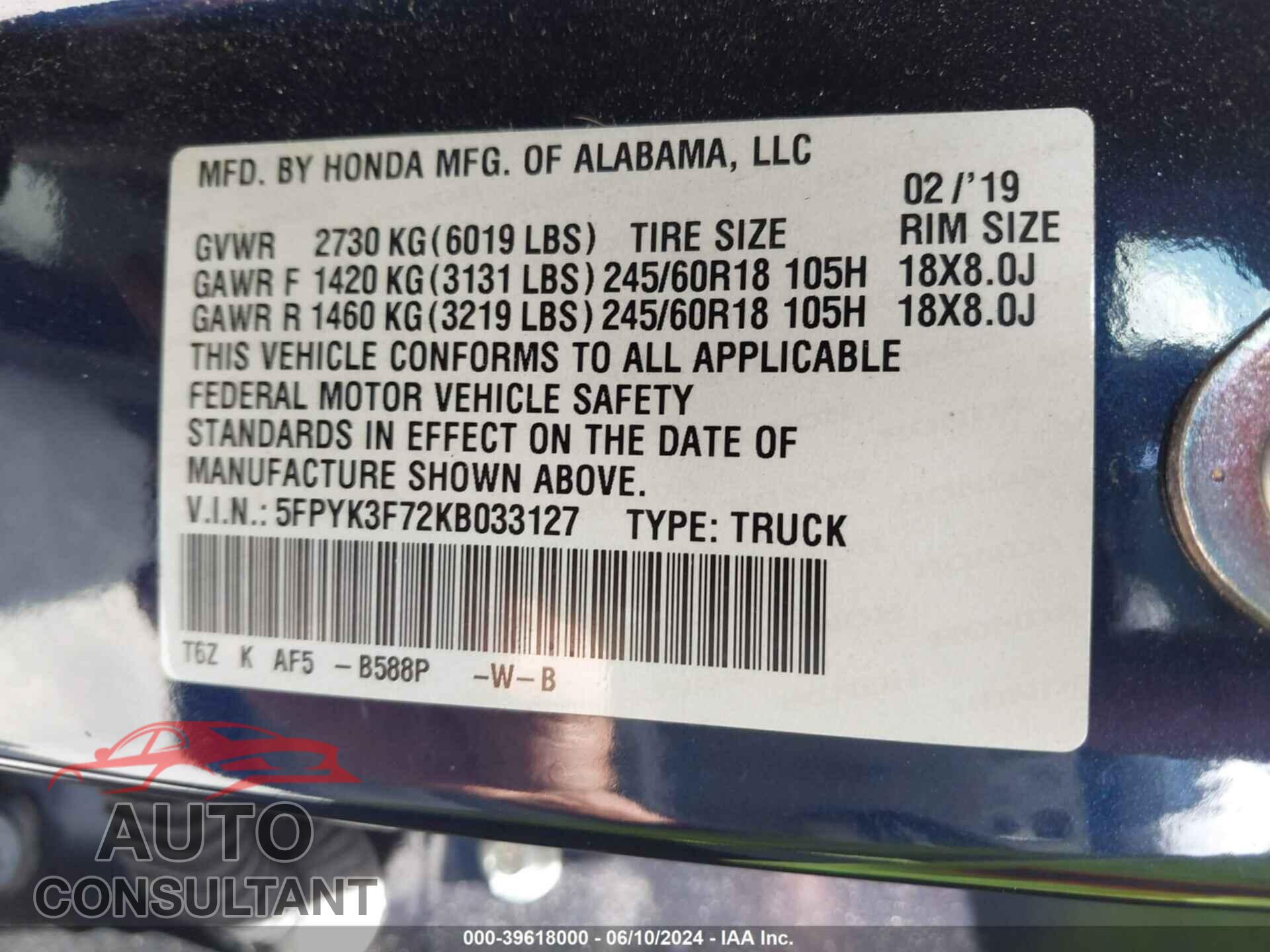HONDA RIDGELINE 2019 - 5FPYK3F72KB033127