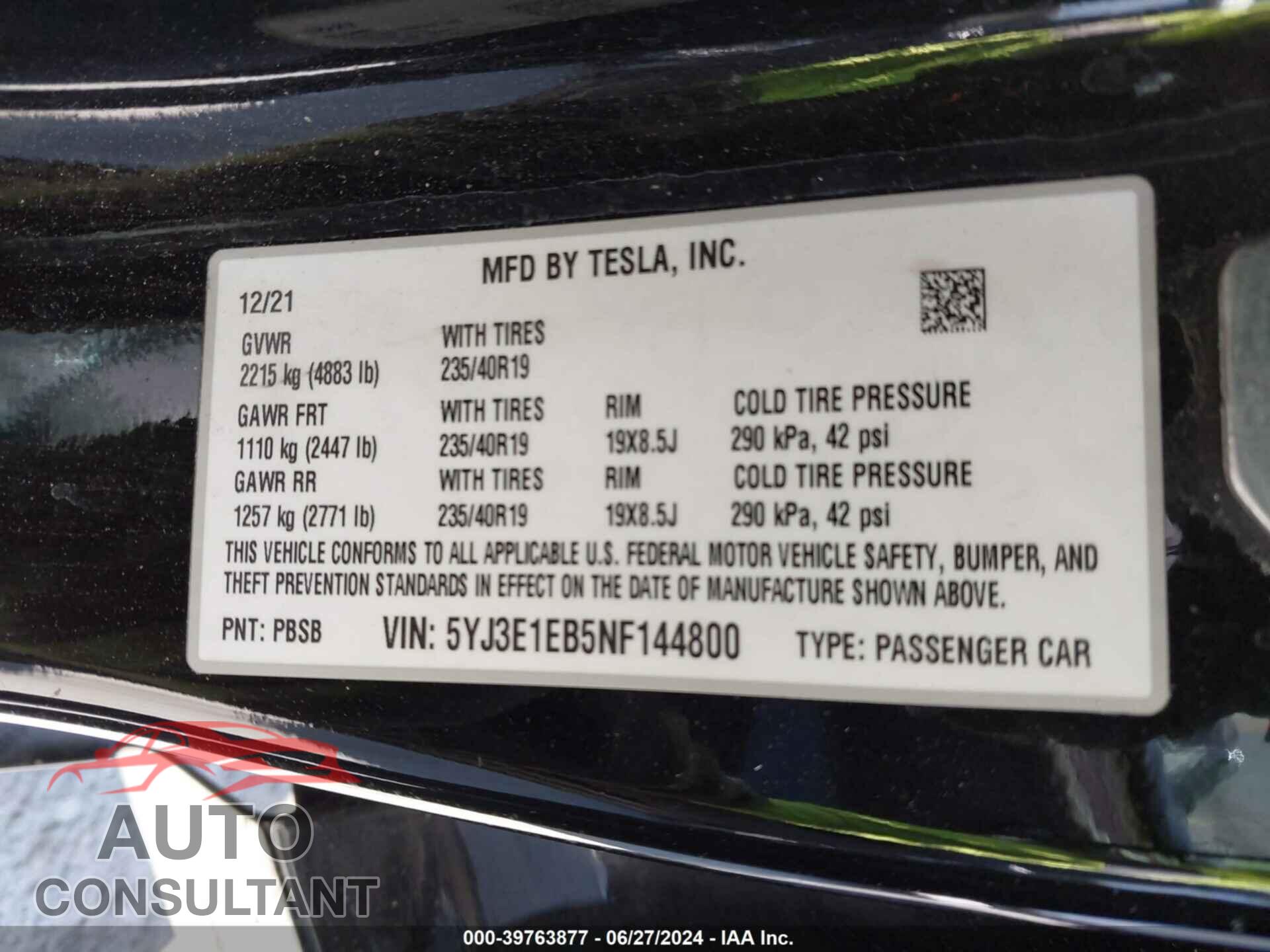 TESLA MODEL 3 2022 - 5YJ3E1EB5NF144800