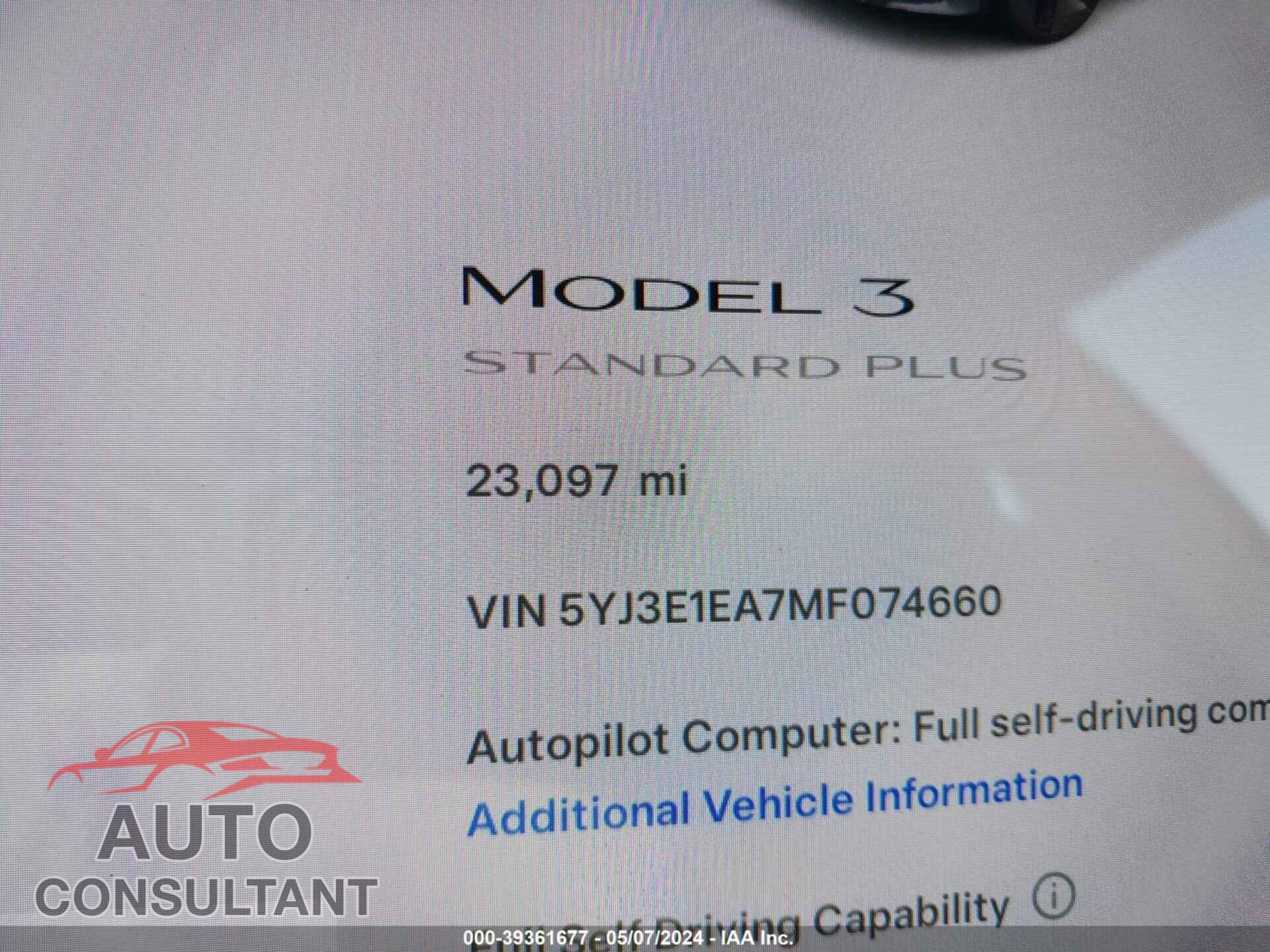 TESLA MODEL 3 2021 - 5YJ3E1EA7MF074660
