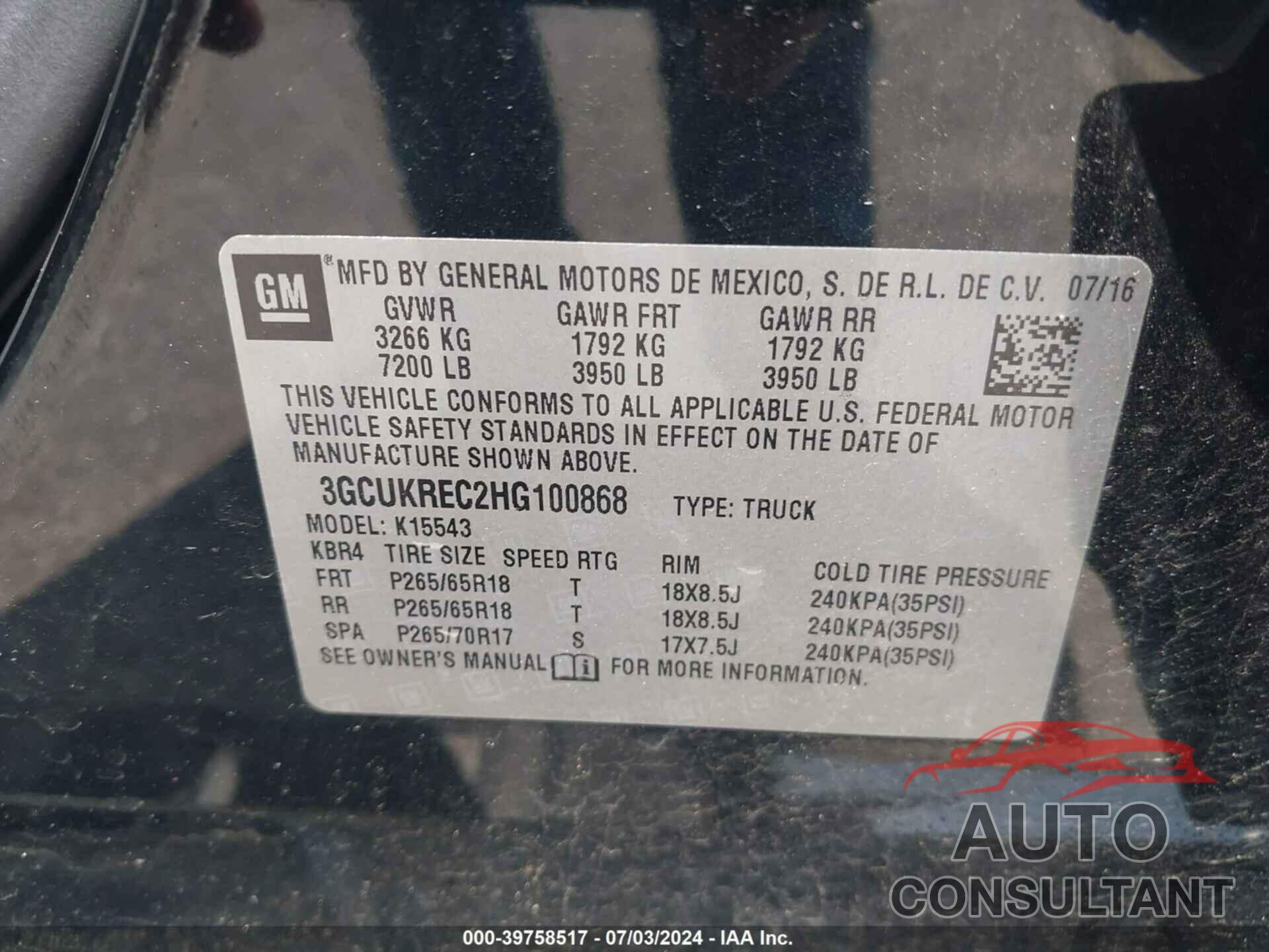 CHEVROLET SILVERADO 1500 2017 - 3GCUKREC2HG100868
