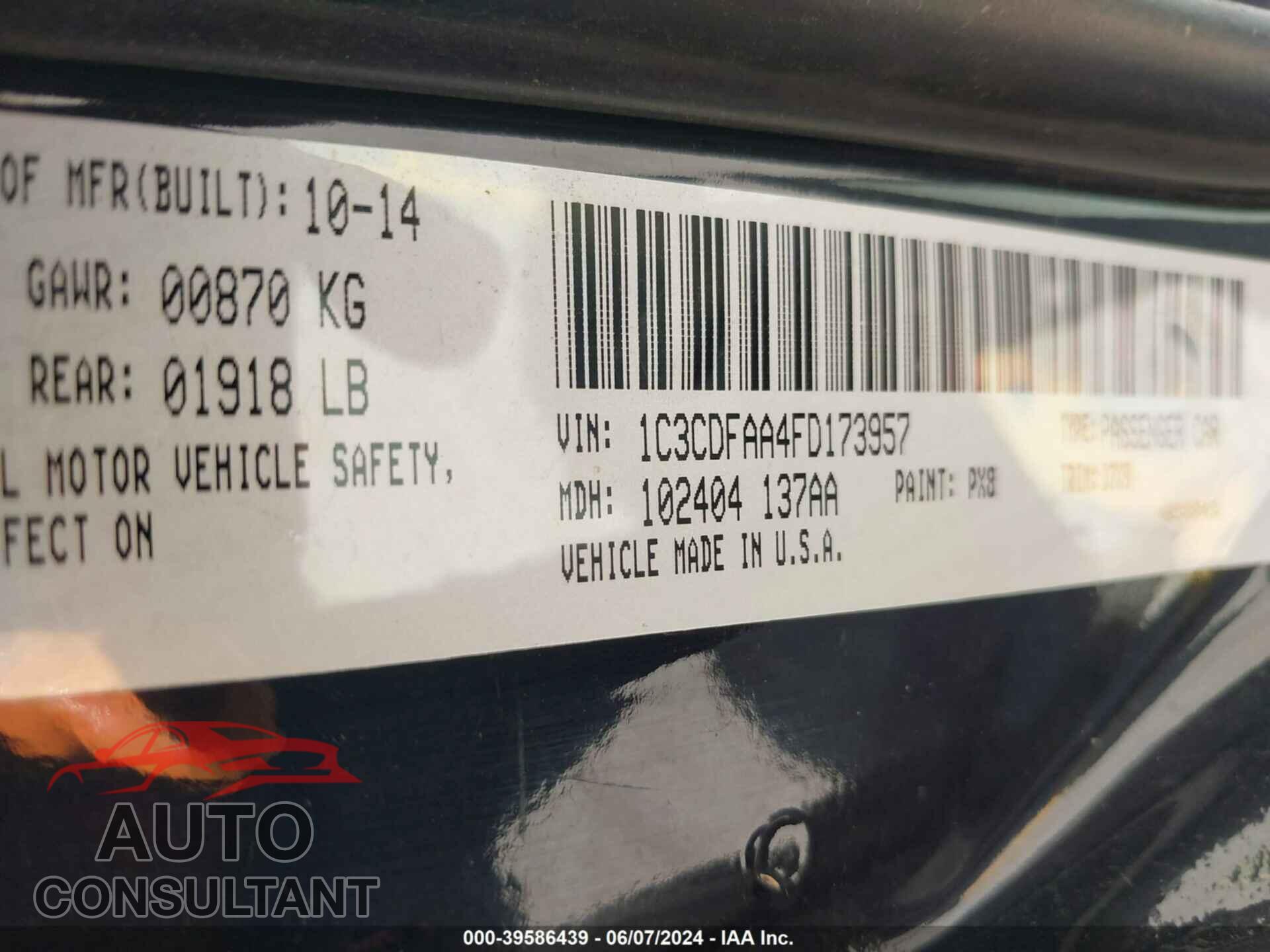 DODGE DART 2015 - 1C3CDFAA4FD173957