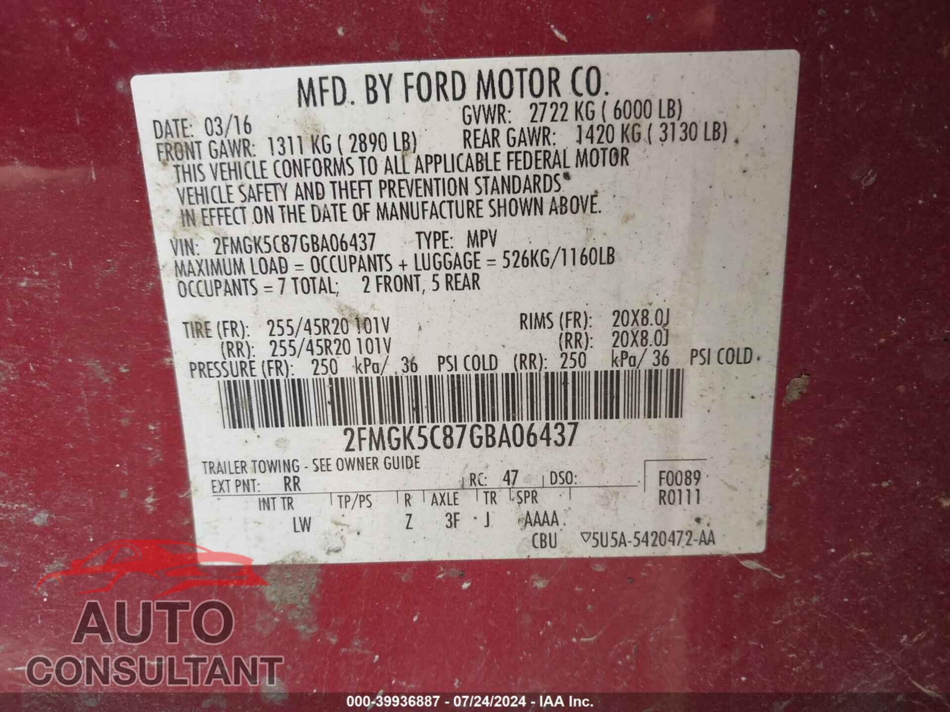 FORD FLEX 2016 - 2FMGK5C87GBA06437