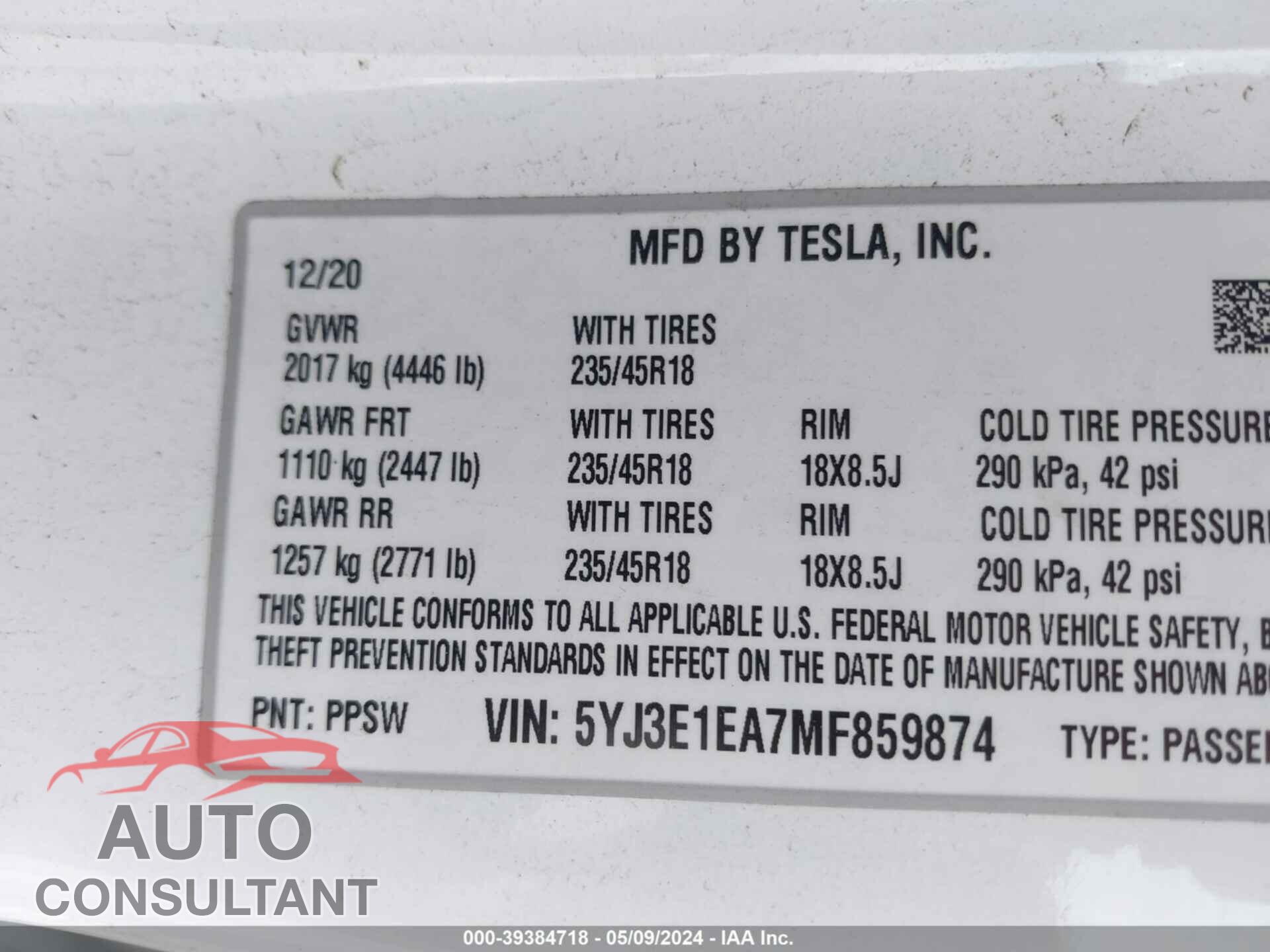 TESLA MODEL 3 2021 - 5YJ3E1EA7MF859874