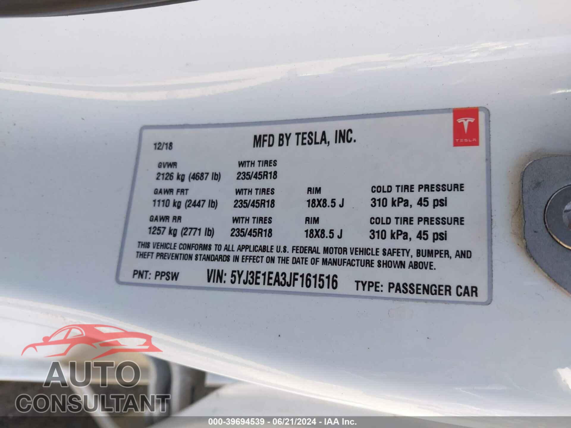TESLA MODEL 3 2018 - 5YJ3E1EA3JF161516