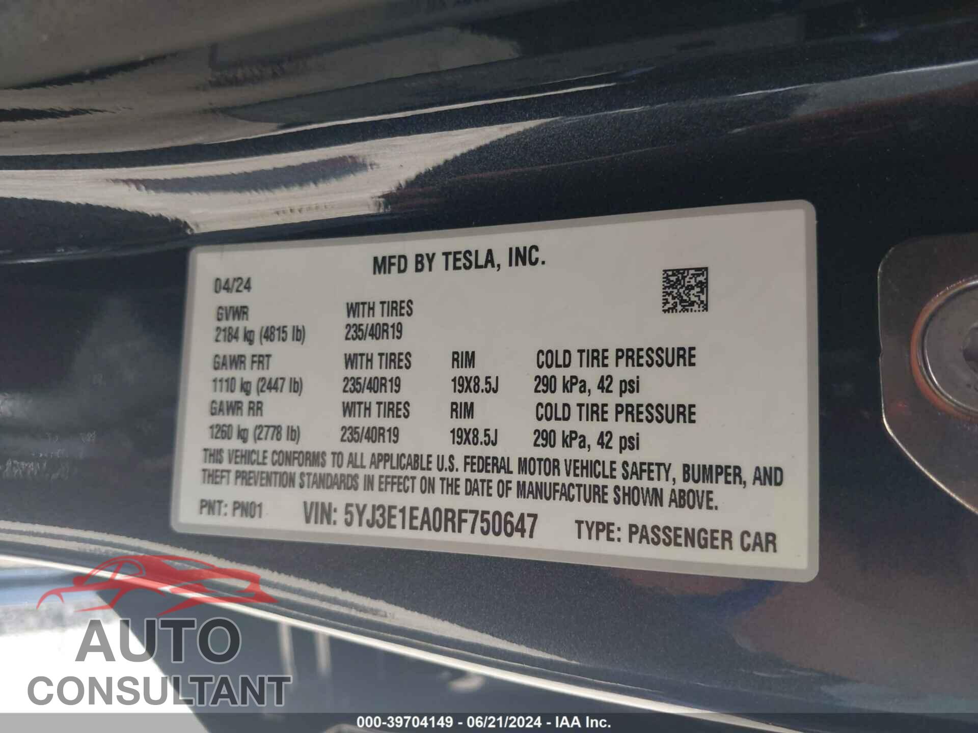 TESLA MODEL 3 2024 - 5YJ3E1EA0RF750647