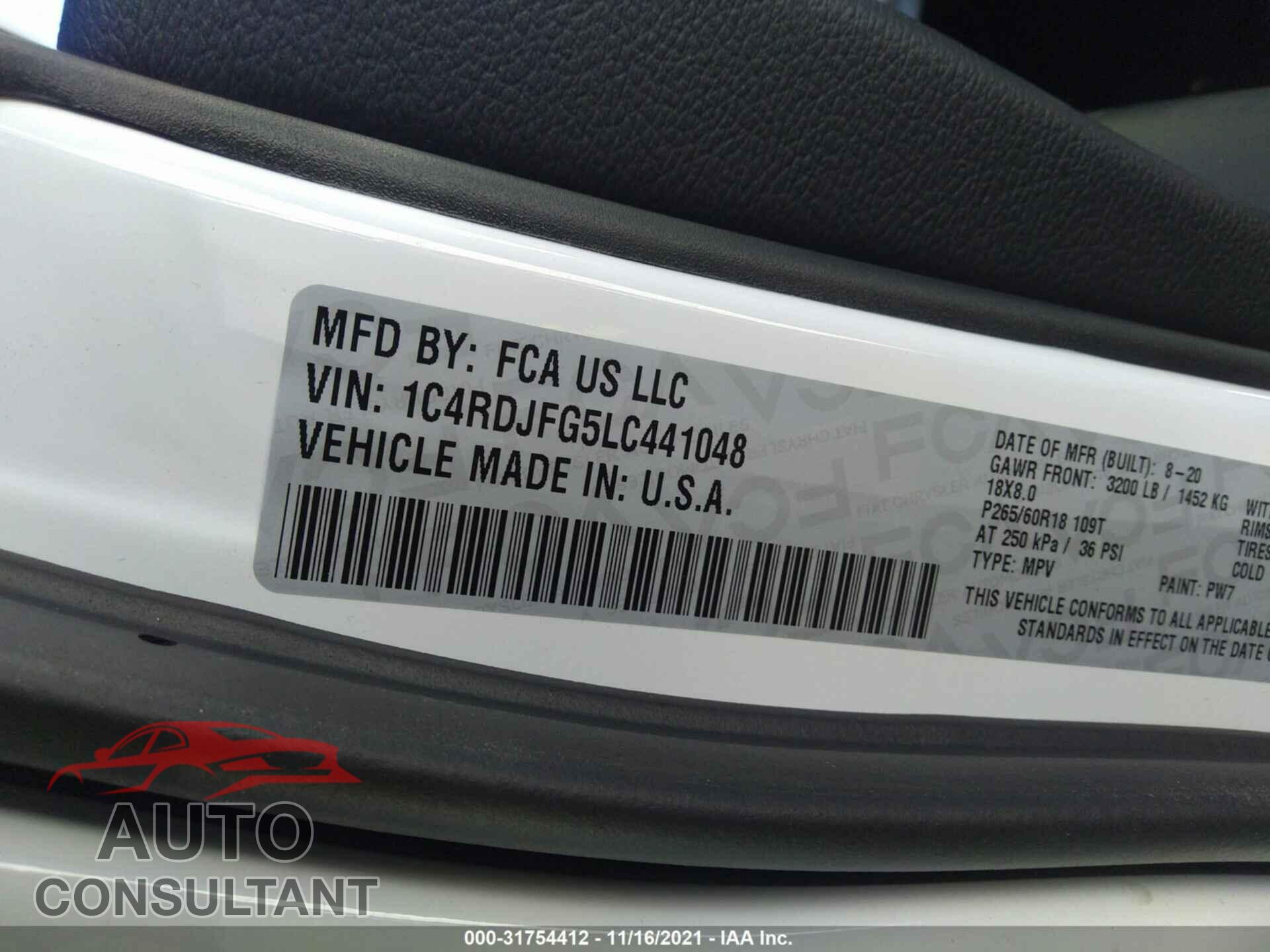 DODGE DURANGO 2020 - 1C4RDJFG5LC441048