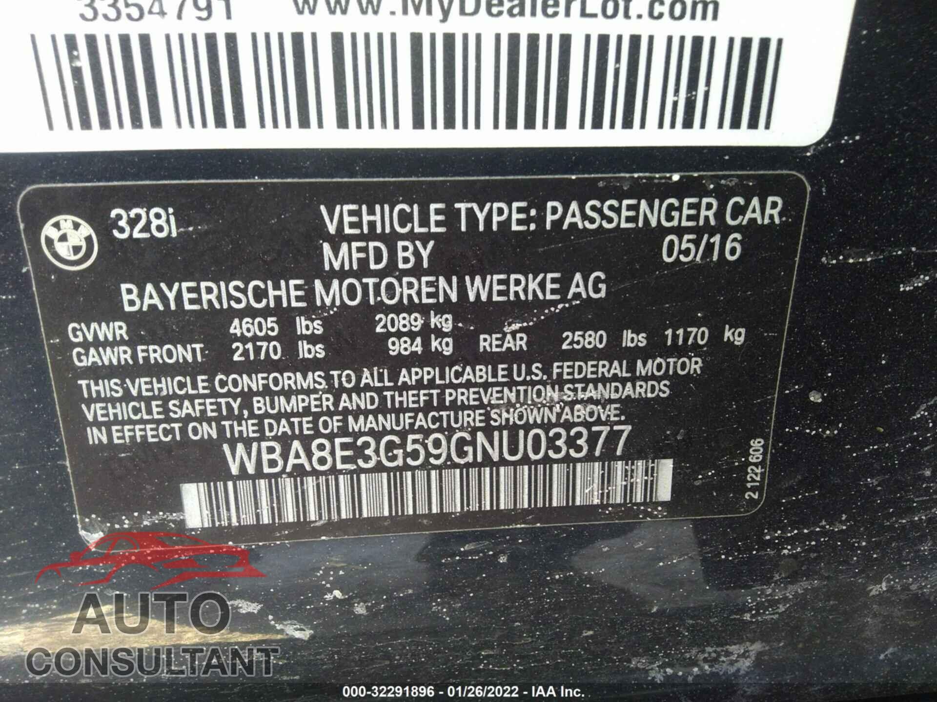 BMW 3 SERIES 2016 - WBA8E3G59GNU03377