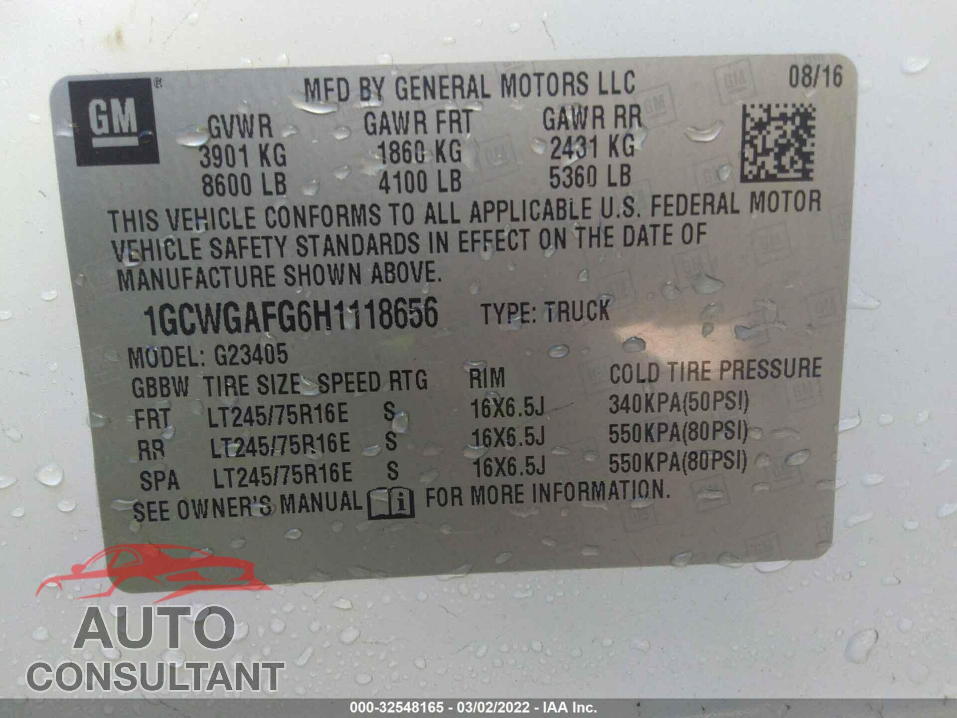 CHEVROLET EXPRESS CARGO VAN 2017 - 1GCWGAFG6H1118656