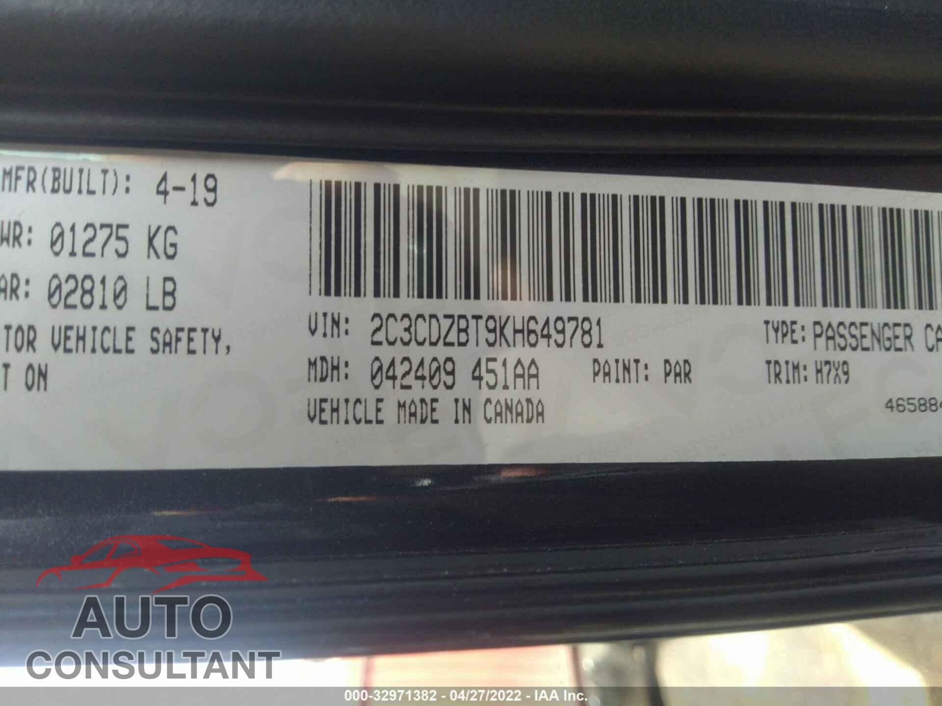 DODGE CHALLENGER 2019 - 2C3CDZBT9KH649781