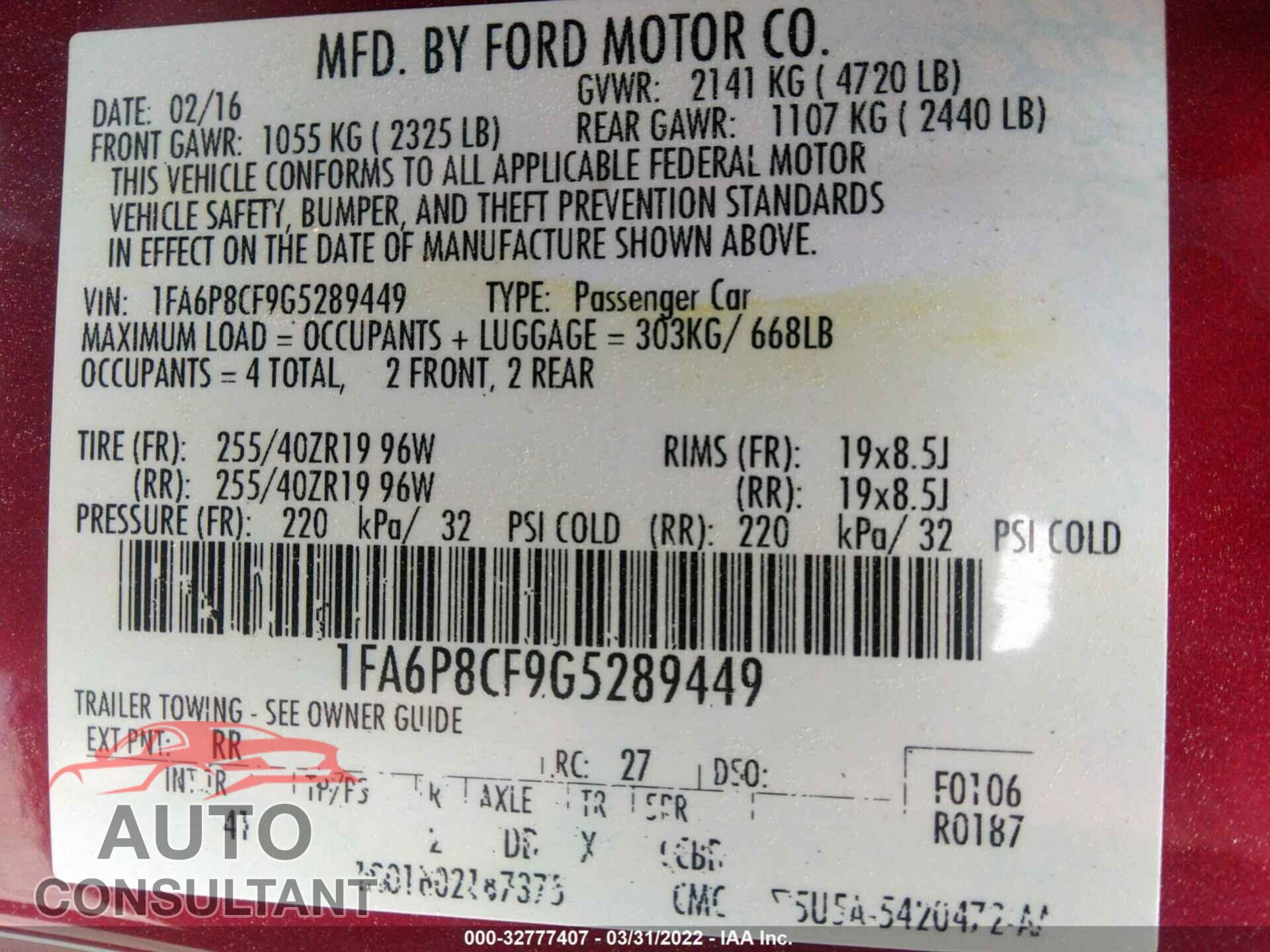 FORD MUSTANG 2016 - 1FA6P8CF9G5289449